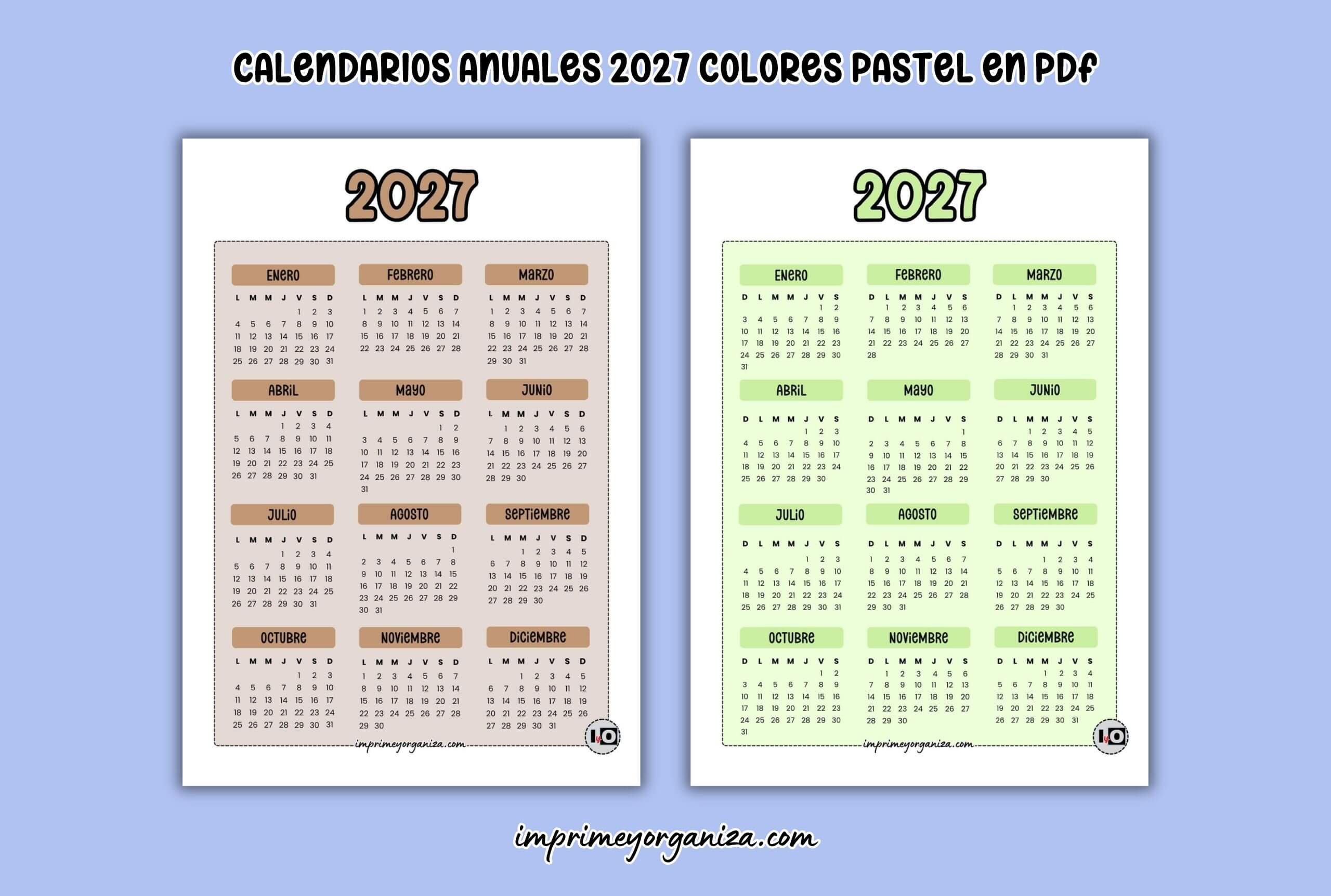 calendarios anuales 2027 de colores pastel para imprimir en PDF gratis