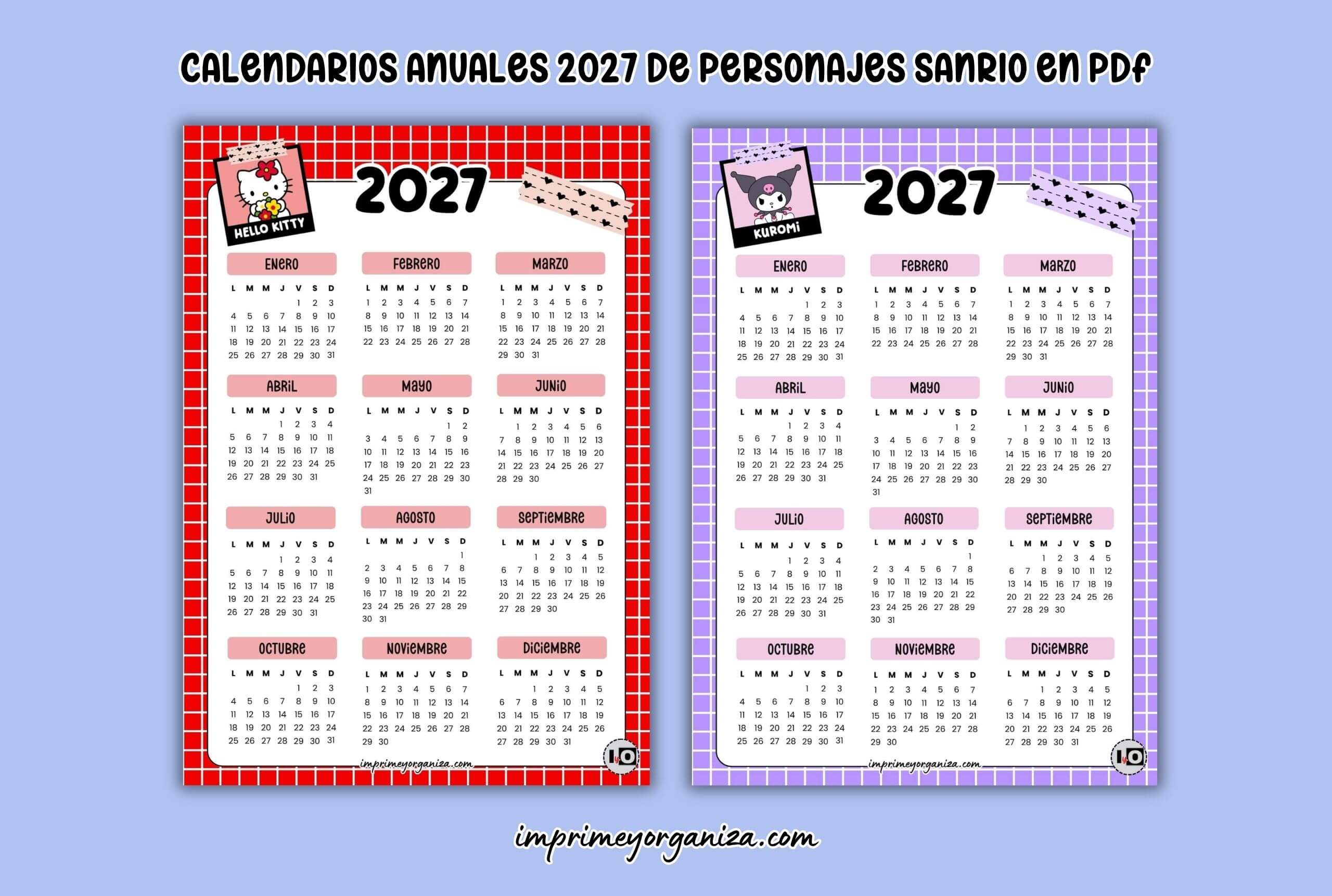 calendarios anuales 2027 de personajes Sanrio para imprimir en PDF gratis