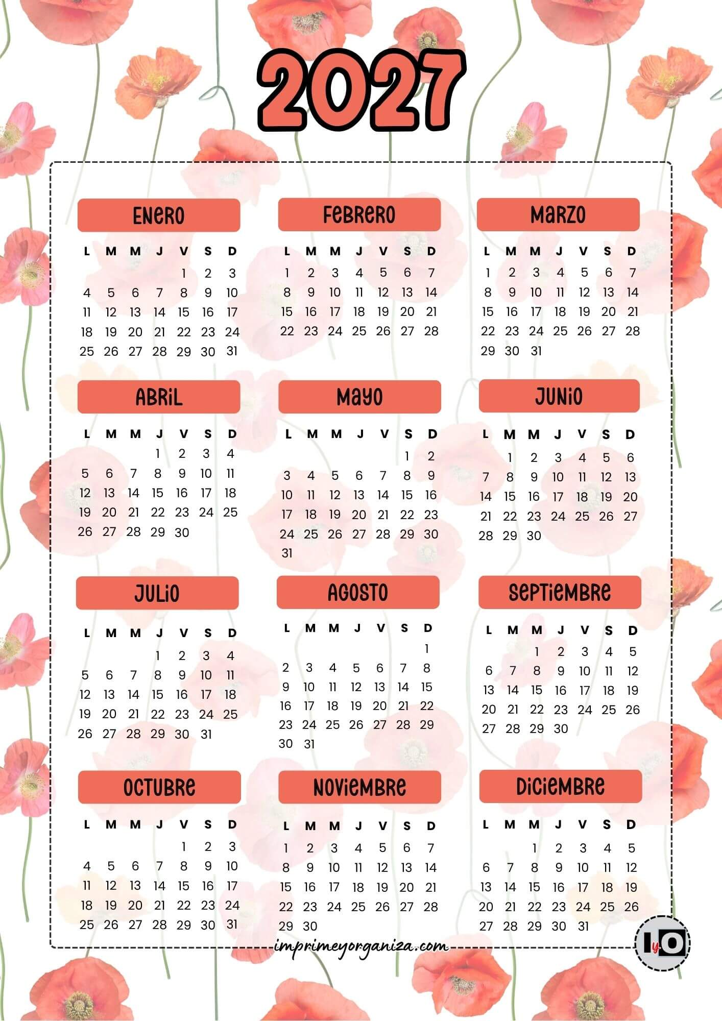 Calendario Anual 2027 Amapolas