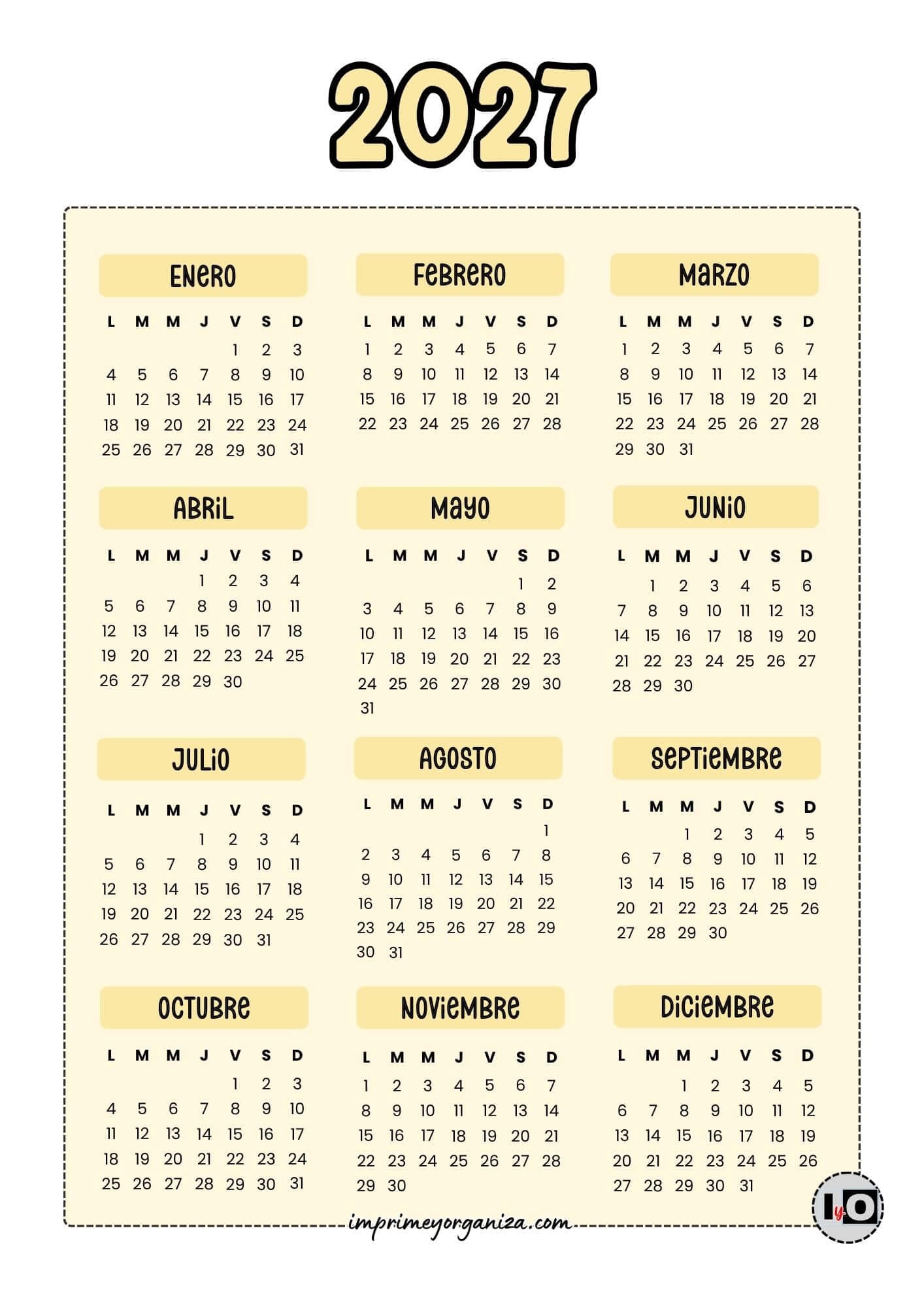Calendario Anual 2027 Amarillo