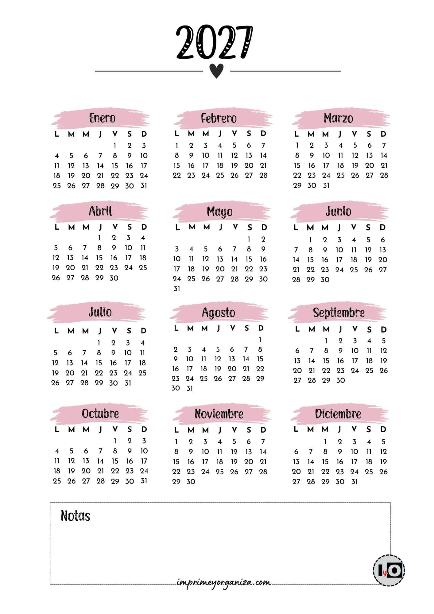 Calendario Anual 2027 Corazón