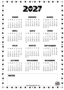Calendario Anual 2027 Corazones