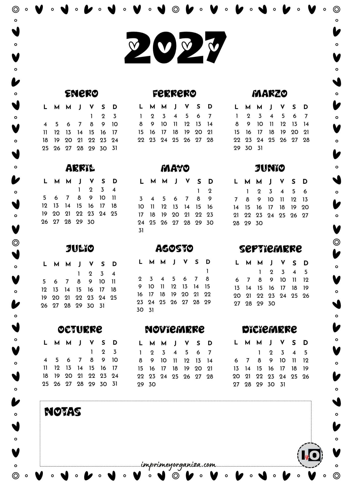 Calendario Anual 2027 Corazones