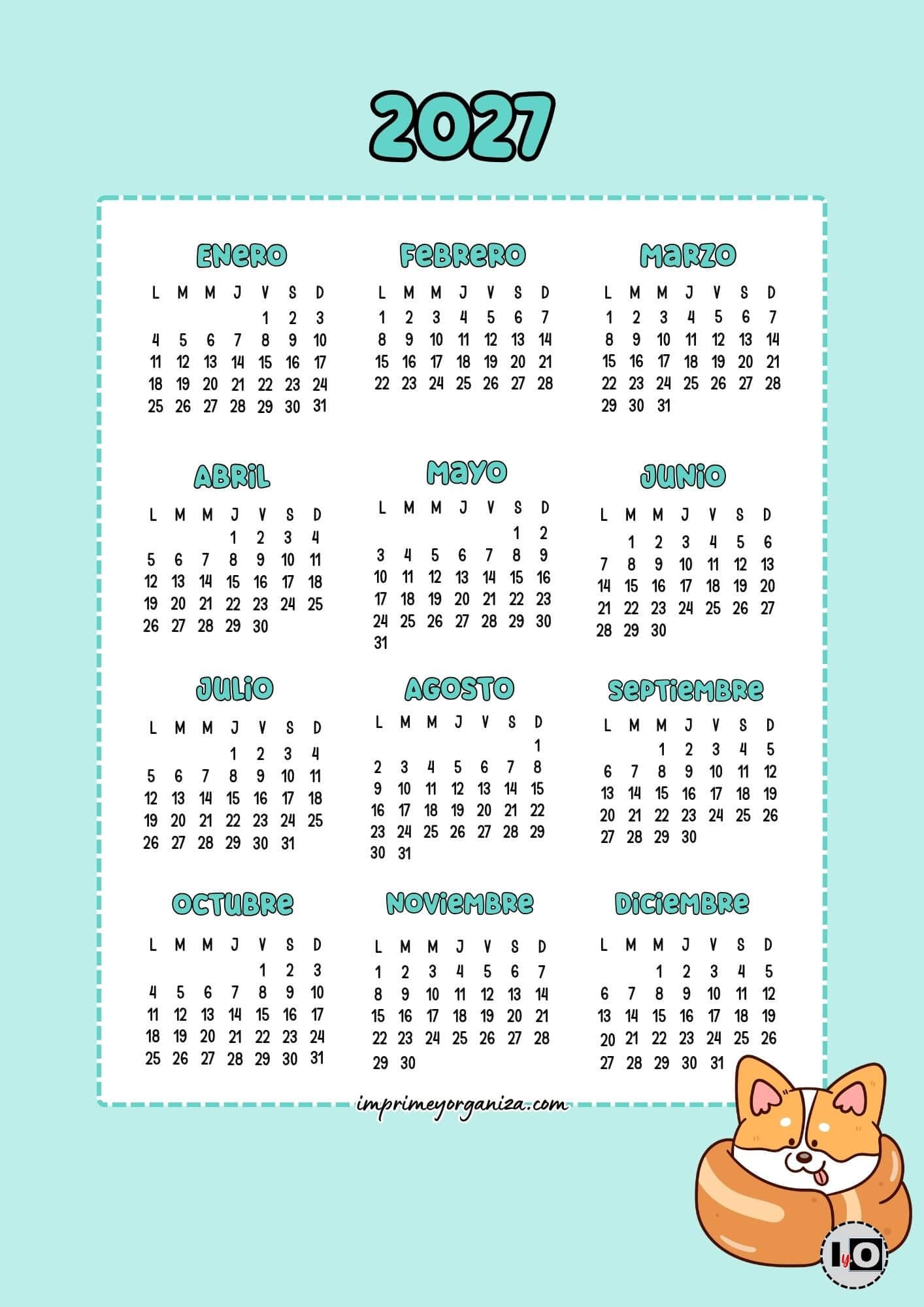 Calendario Anual 2027 Corgi Cute