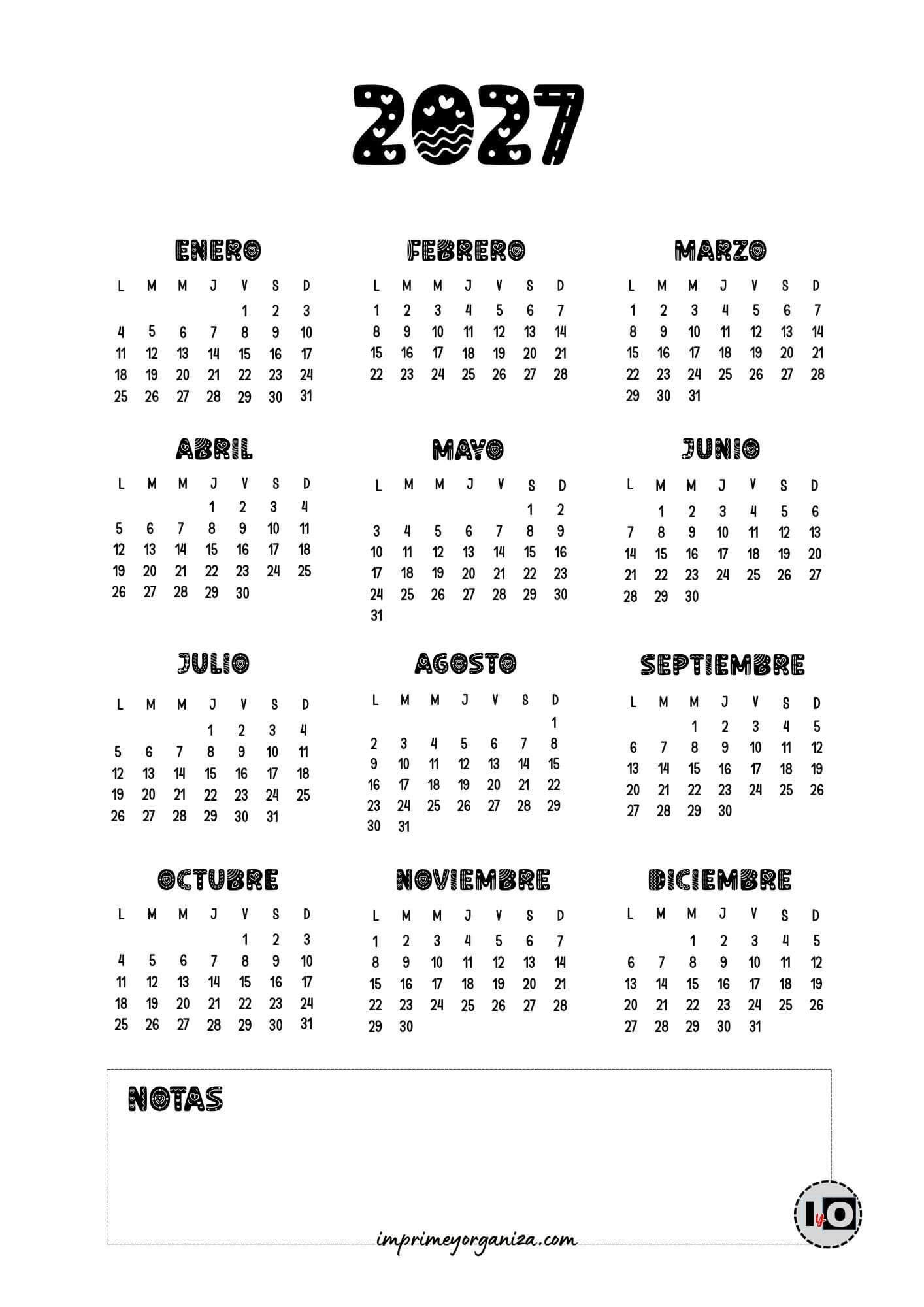Calendario Anual 2027 Cute
