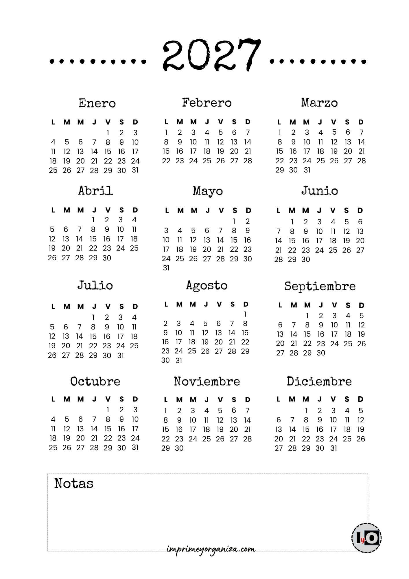 Calendario Anual 2027 Dot Line