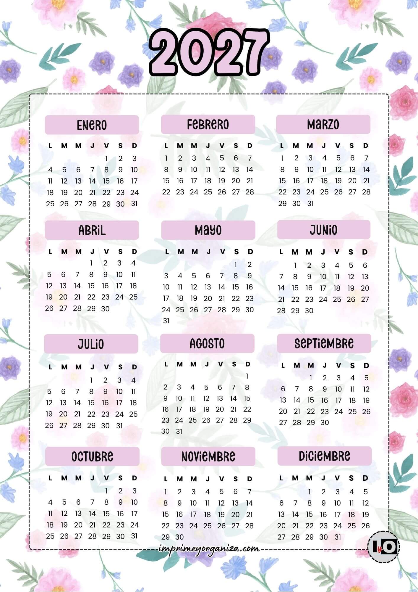 Calendario Anual 2027 Flores Acuarela