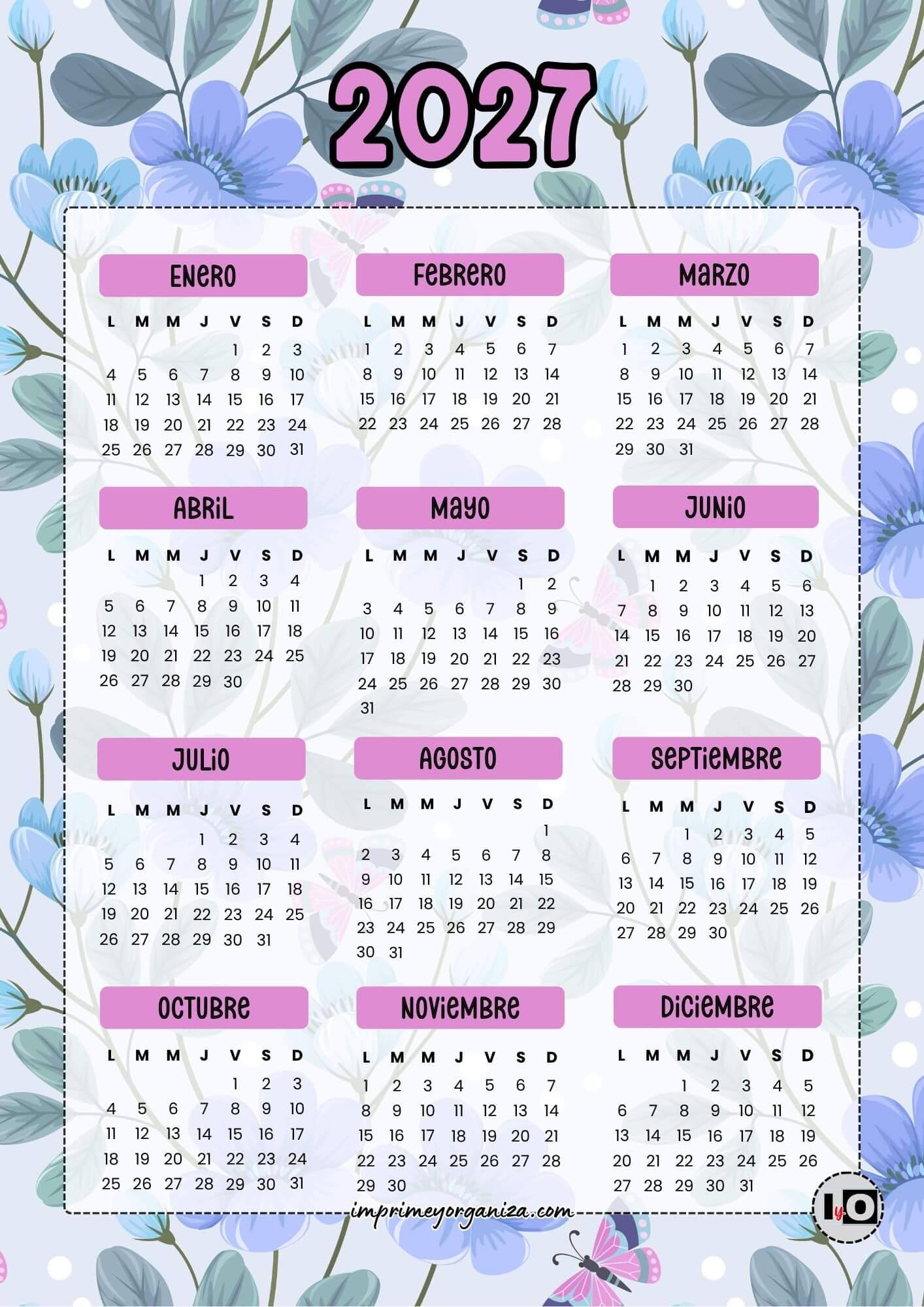 Calendario Anual 2027 Flores Azules