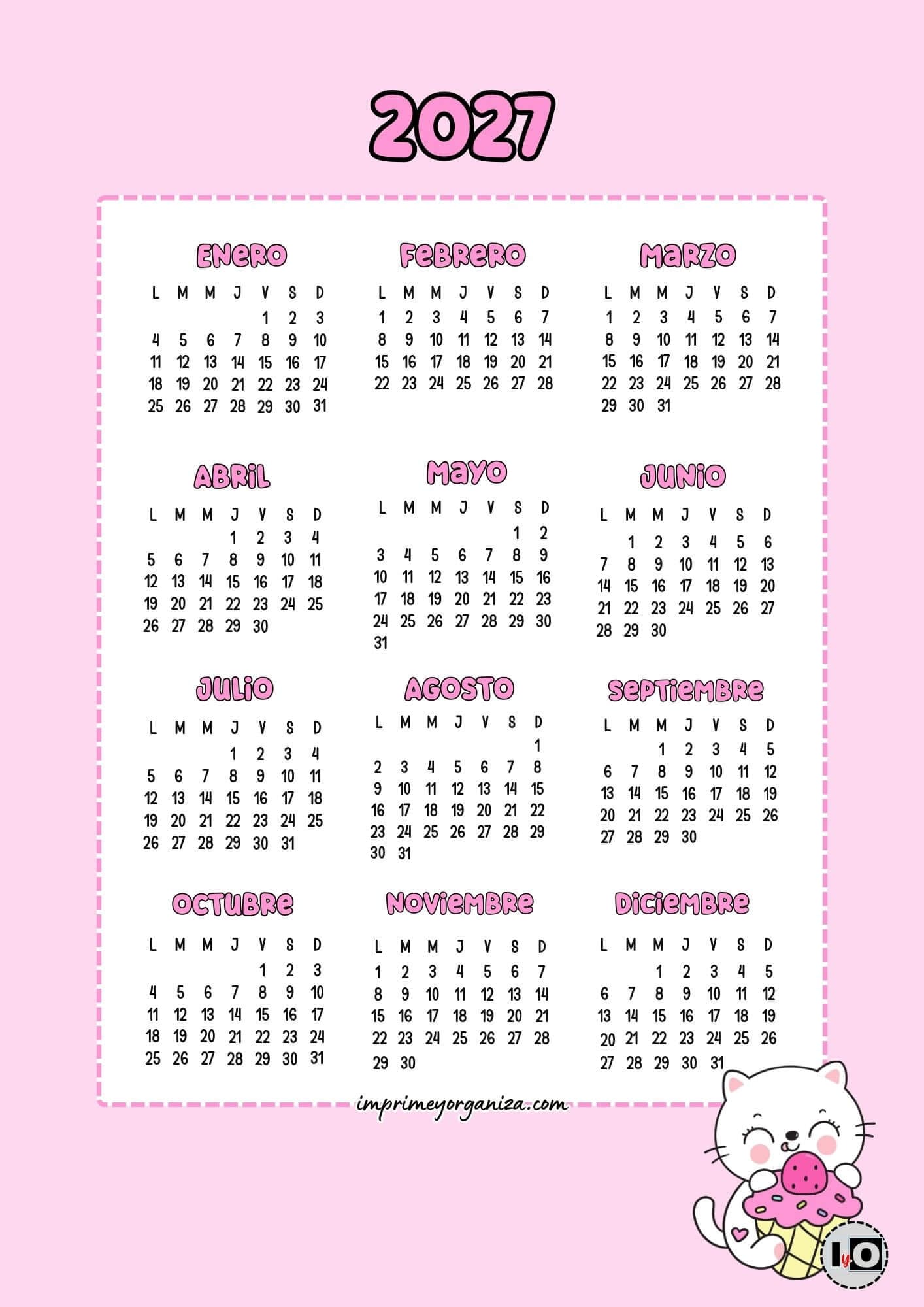 Calendario Anual 2027 Gatita Cute