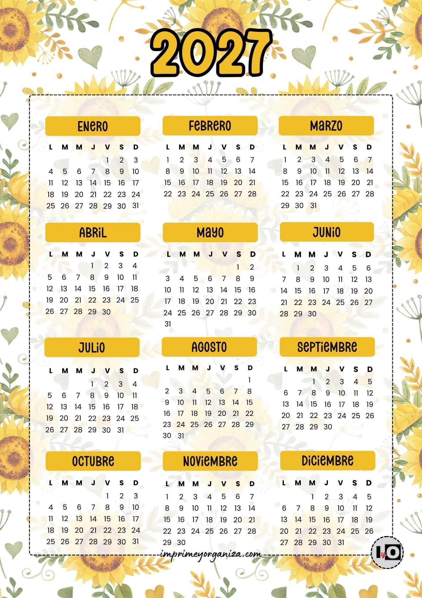 Calendario Anual 2027 Girasoles