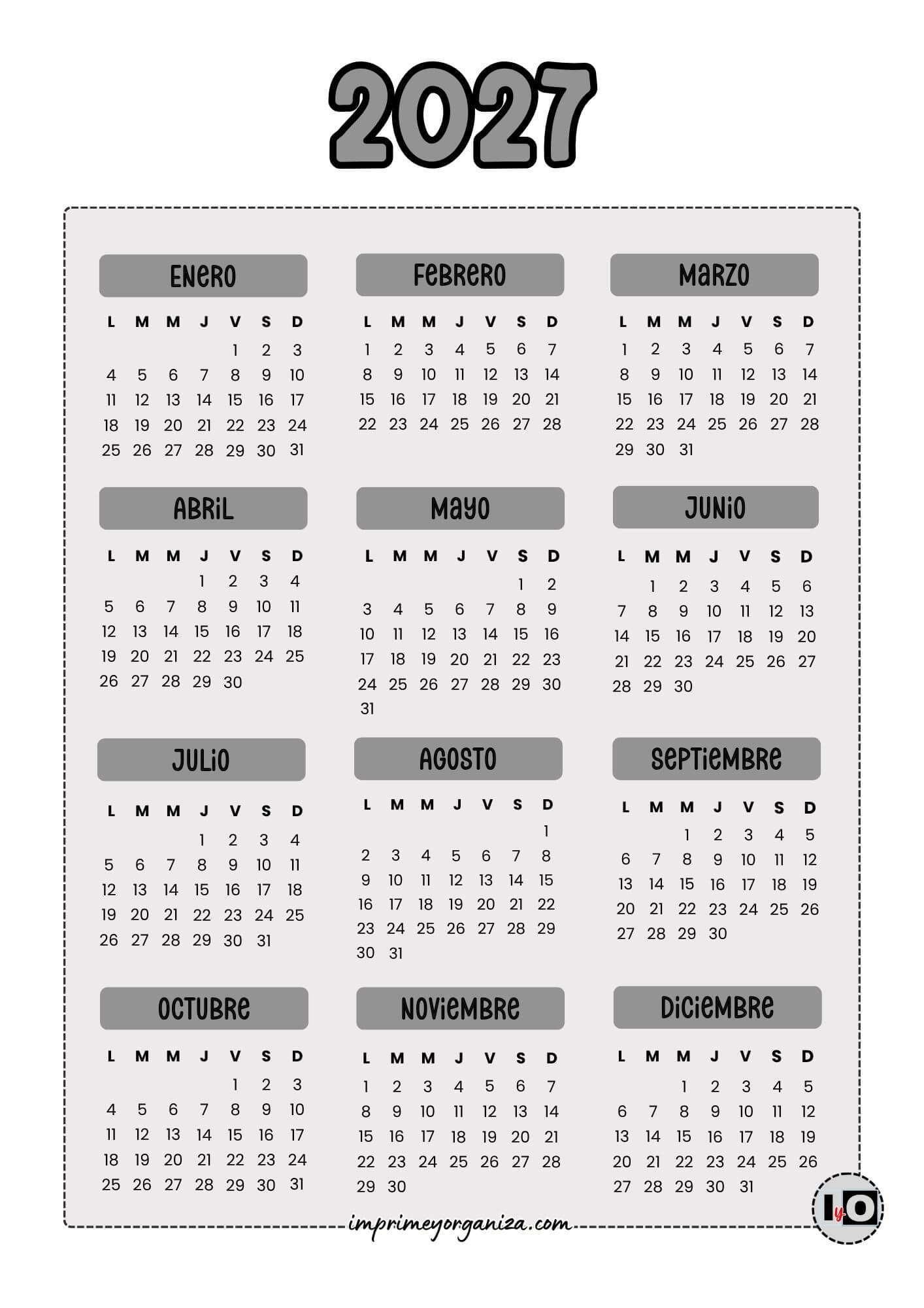 Calendario Anual 2027 Gris