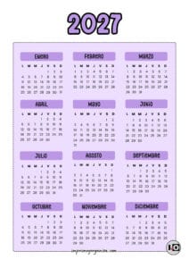 Calendario Anual 2027 Lila