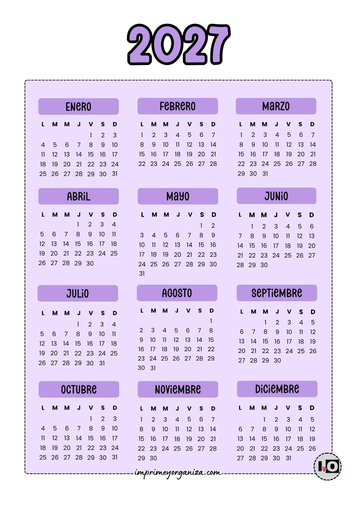 Calendario Anual 2027 Lila