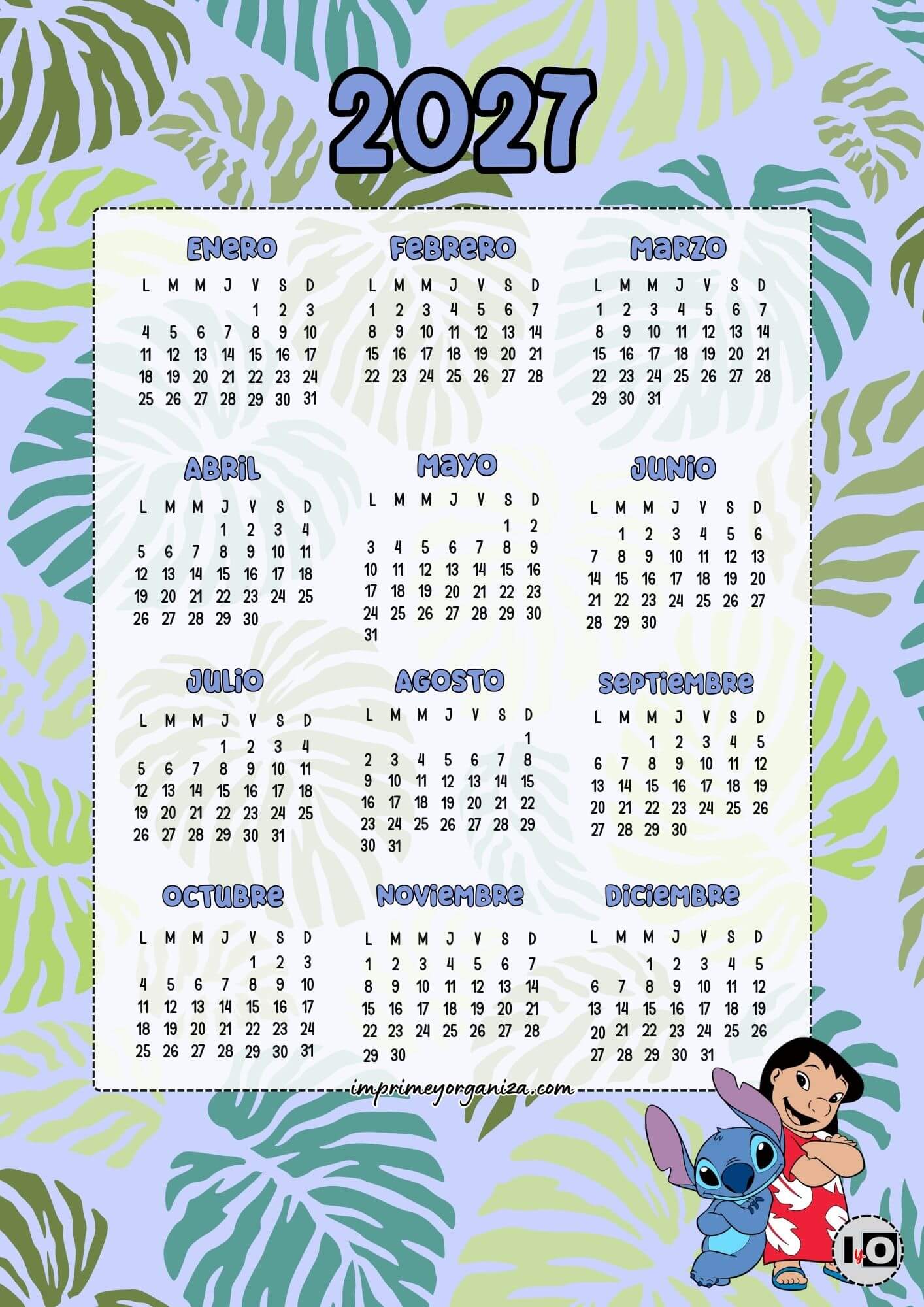 Calendario Anual 2027 Lilo y Stitch