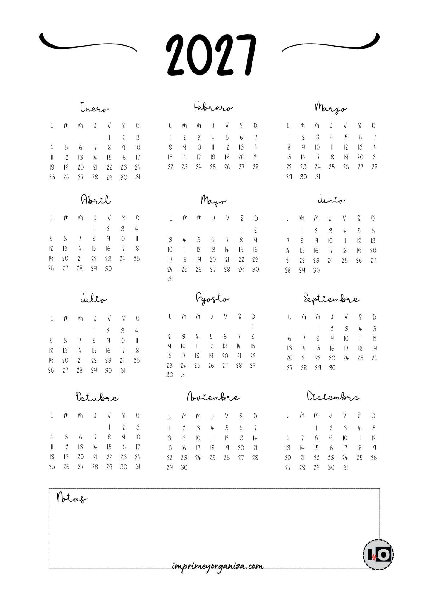 Calendario Anual 2027 Manuscrito