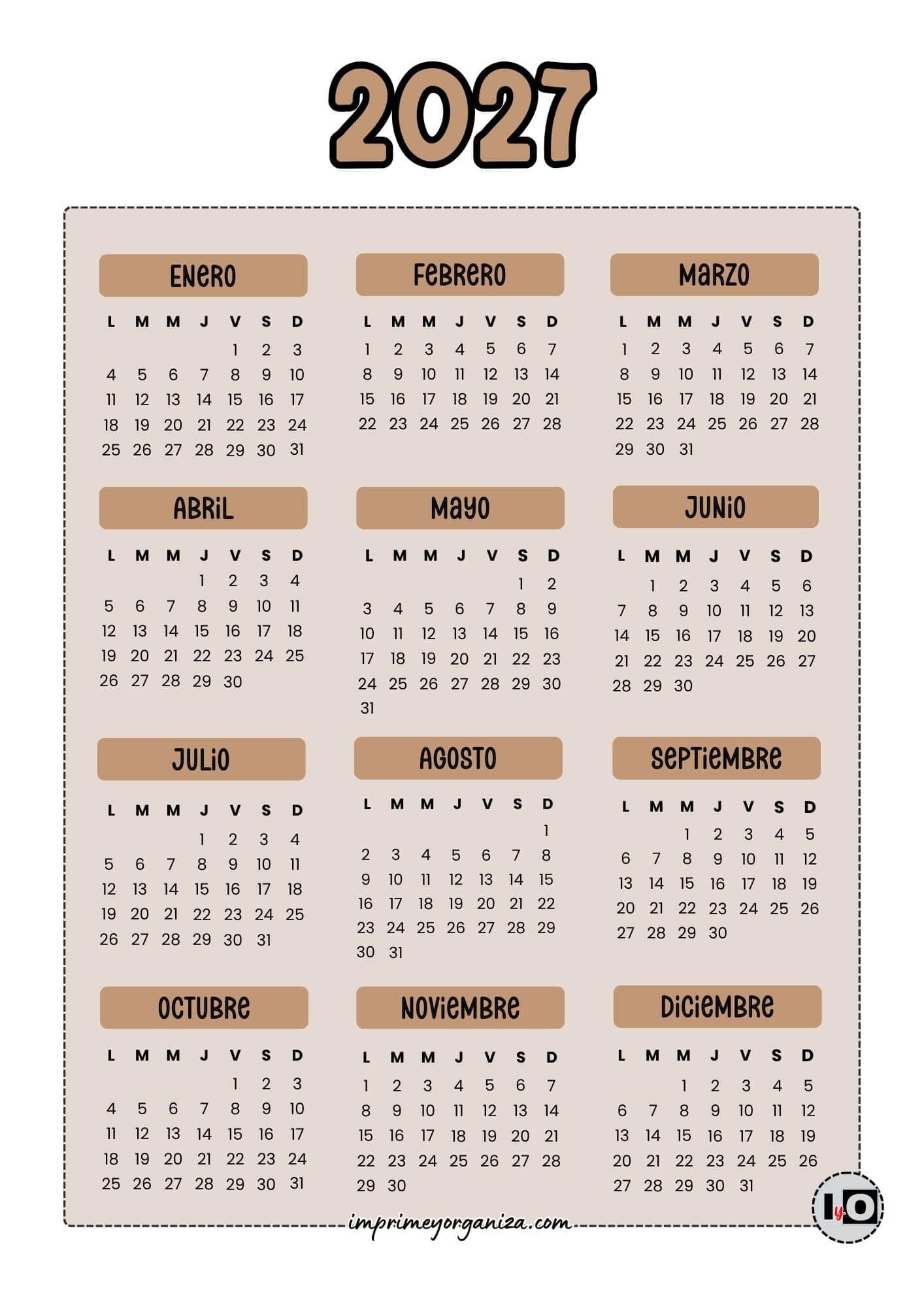 Calendario Anual 2027 Marrón
