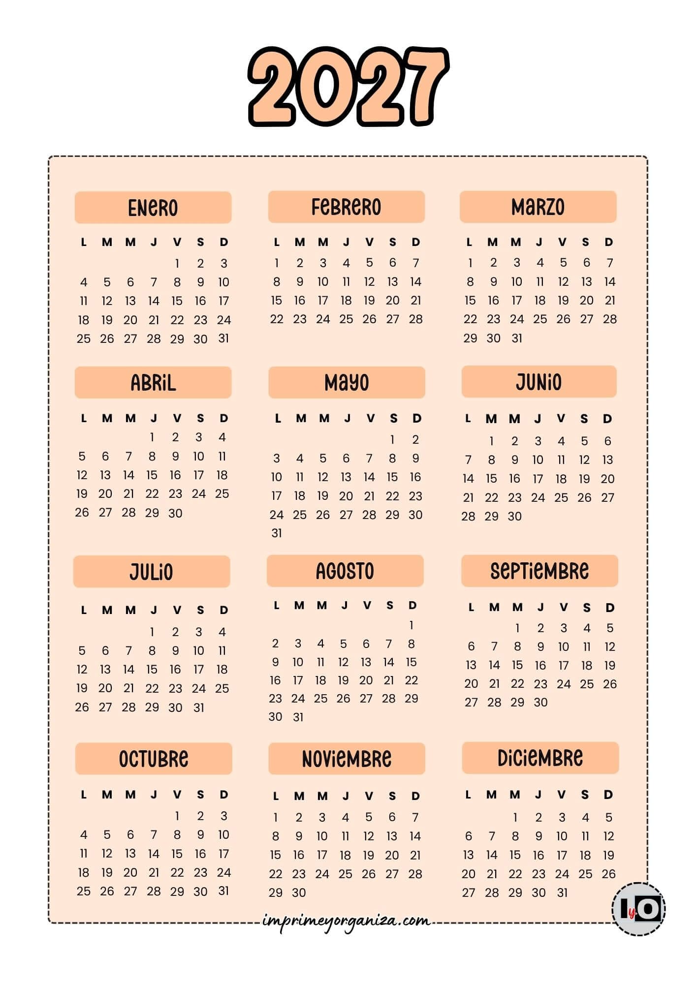 Calendario Anual 2027 Naranja