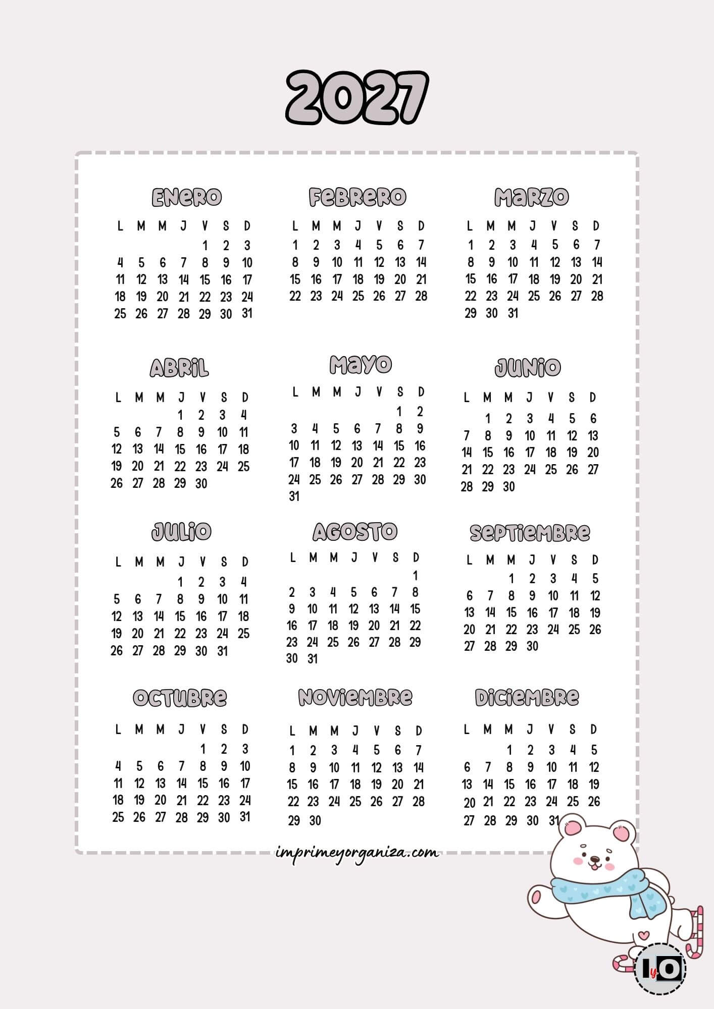Calendario Anual 2027 Oso Polar Cute