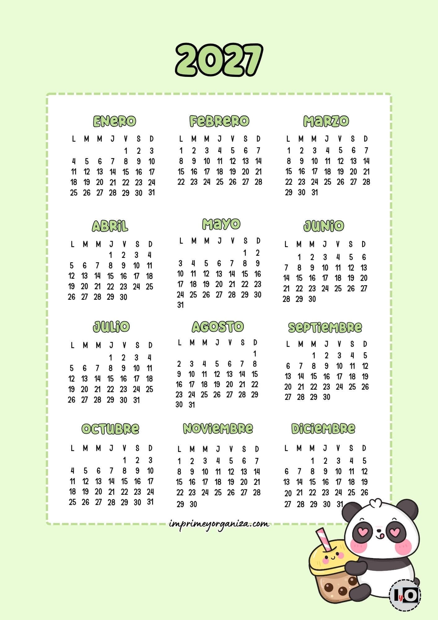 Calendario Anual 2027 Panda Cute
