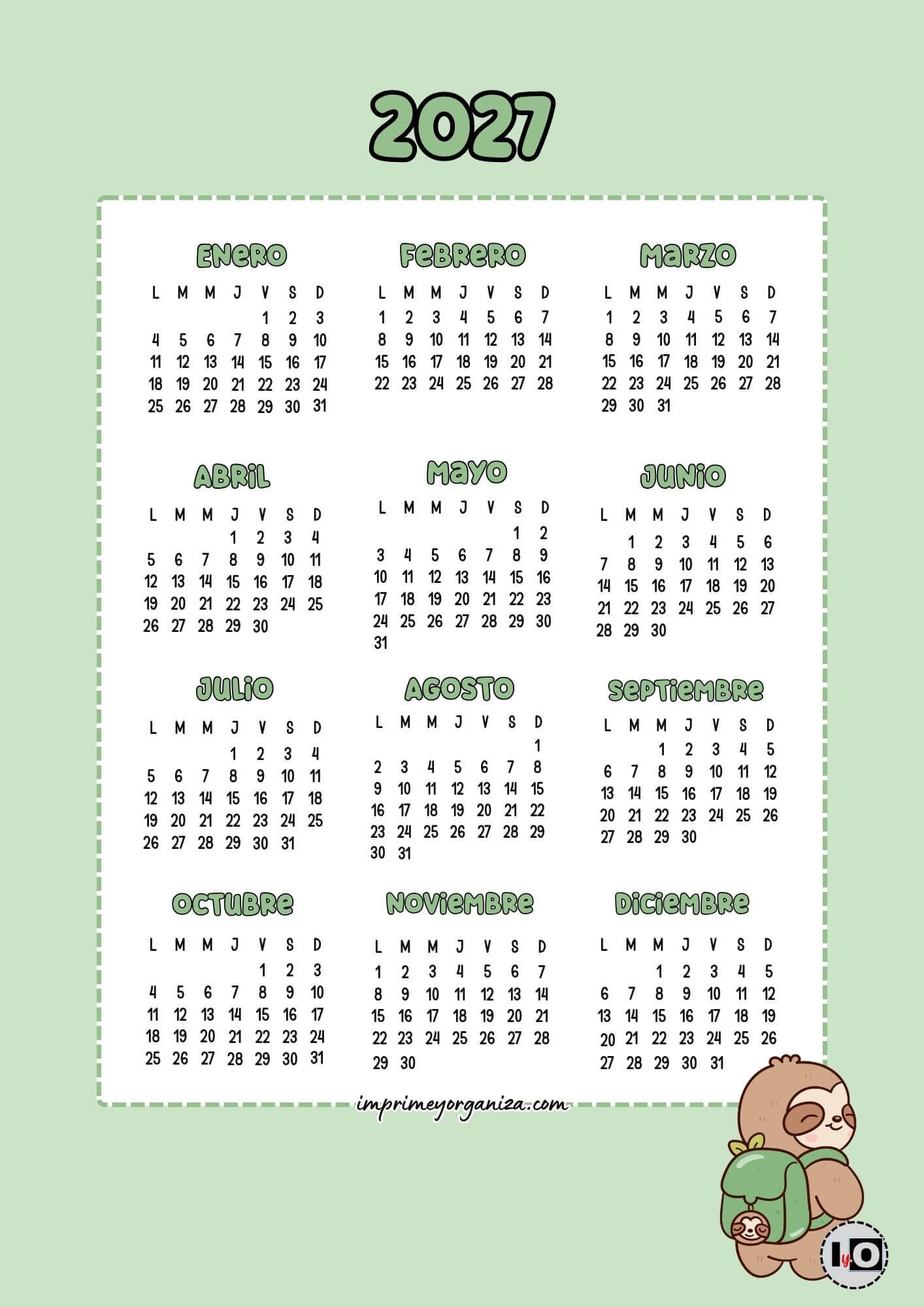 Calendario Anual 2027 Perezoso Cute