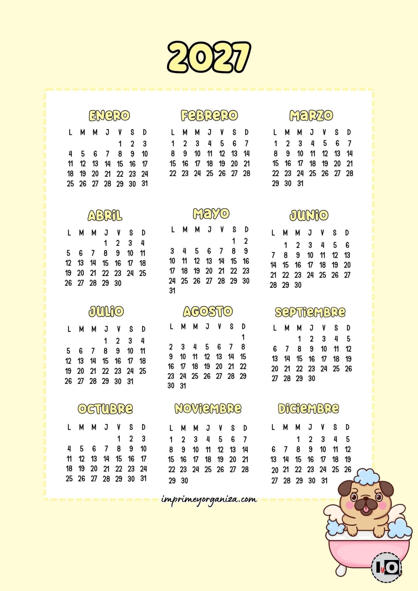 Calendario Anual 2027 Pug Bañera