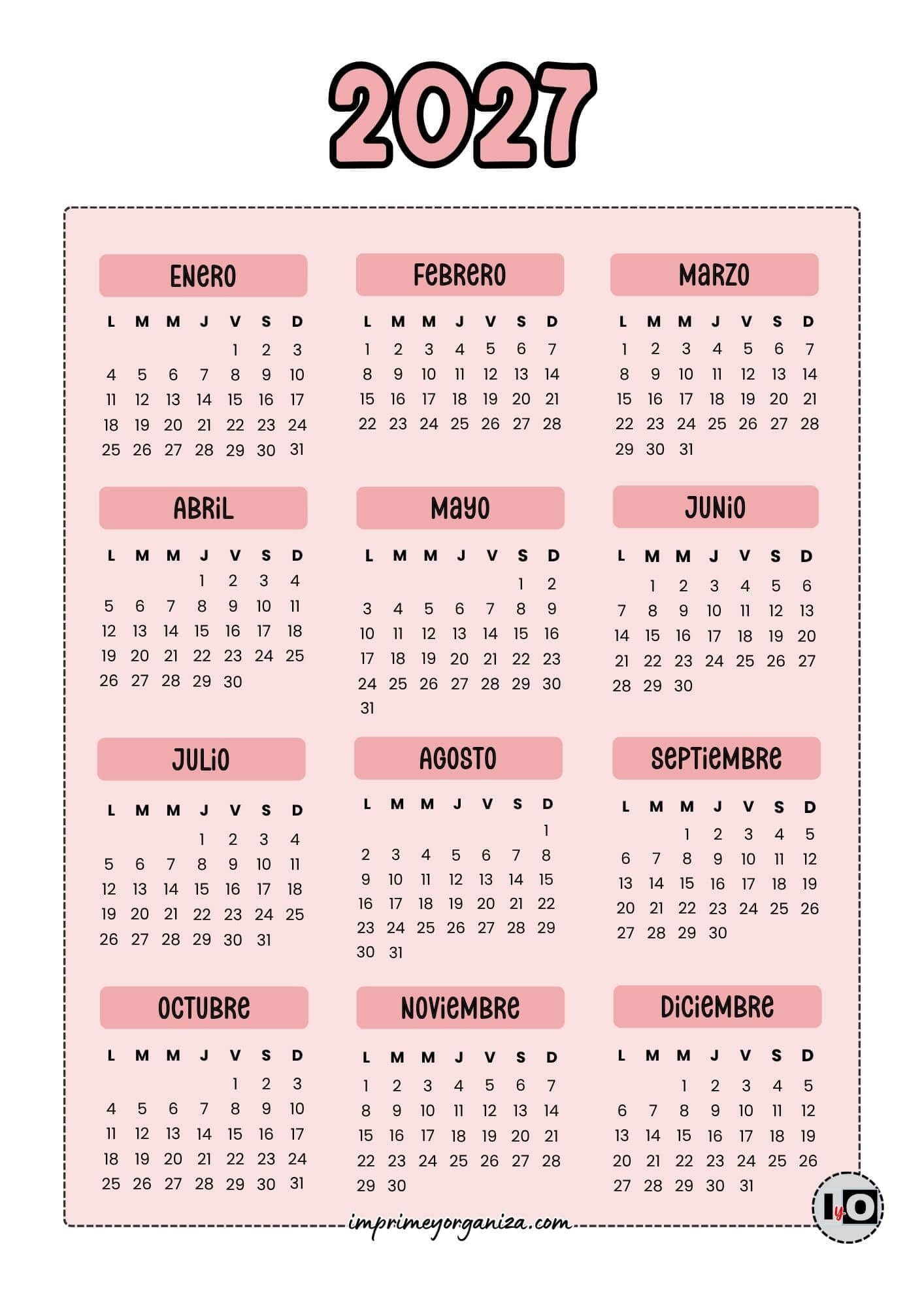 Calendario Anual 2027 Rosa
