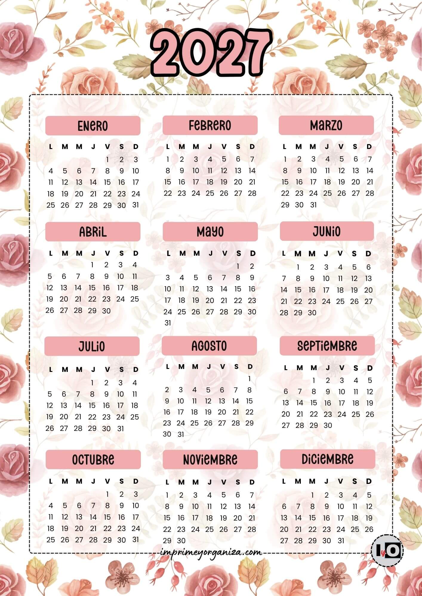 Calendario Anual 2027 Rosas