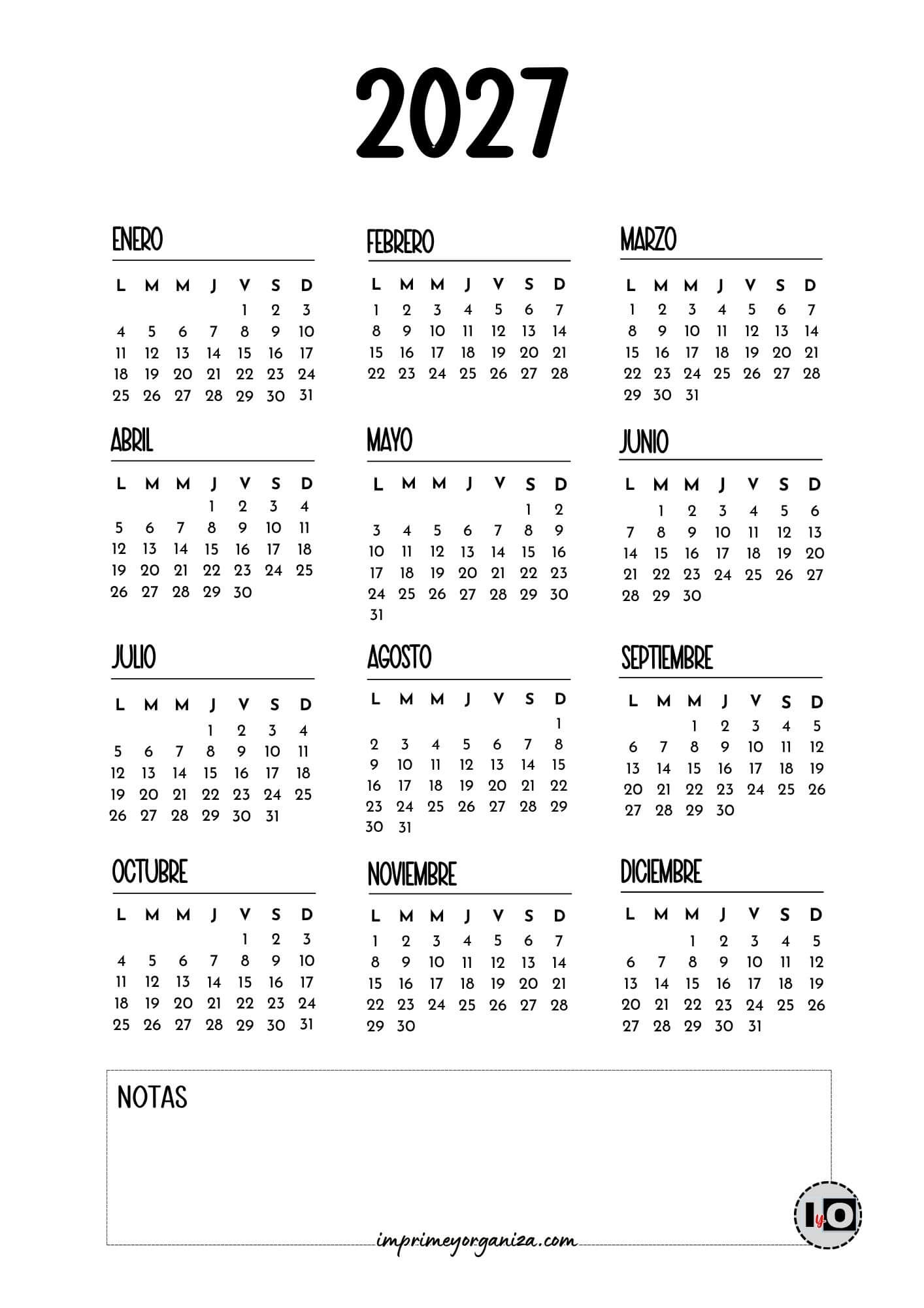 Calendario Anual 2027 Sencillo