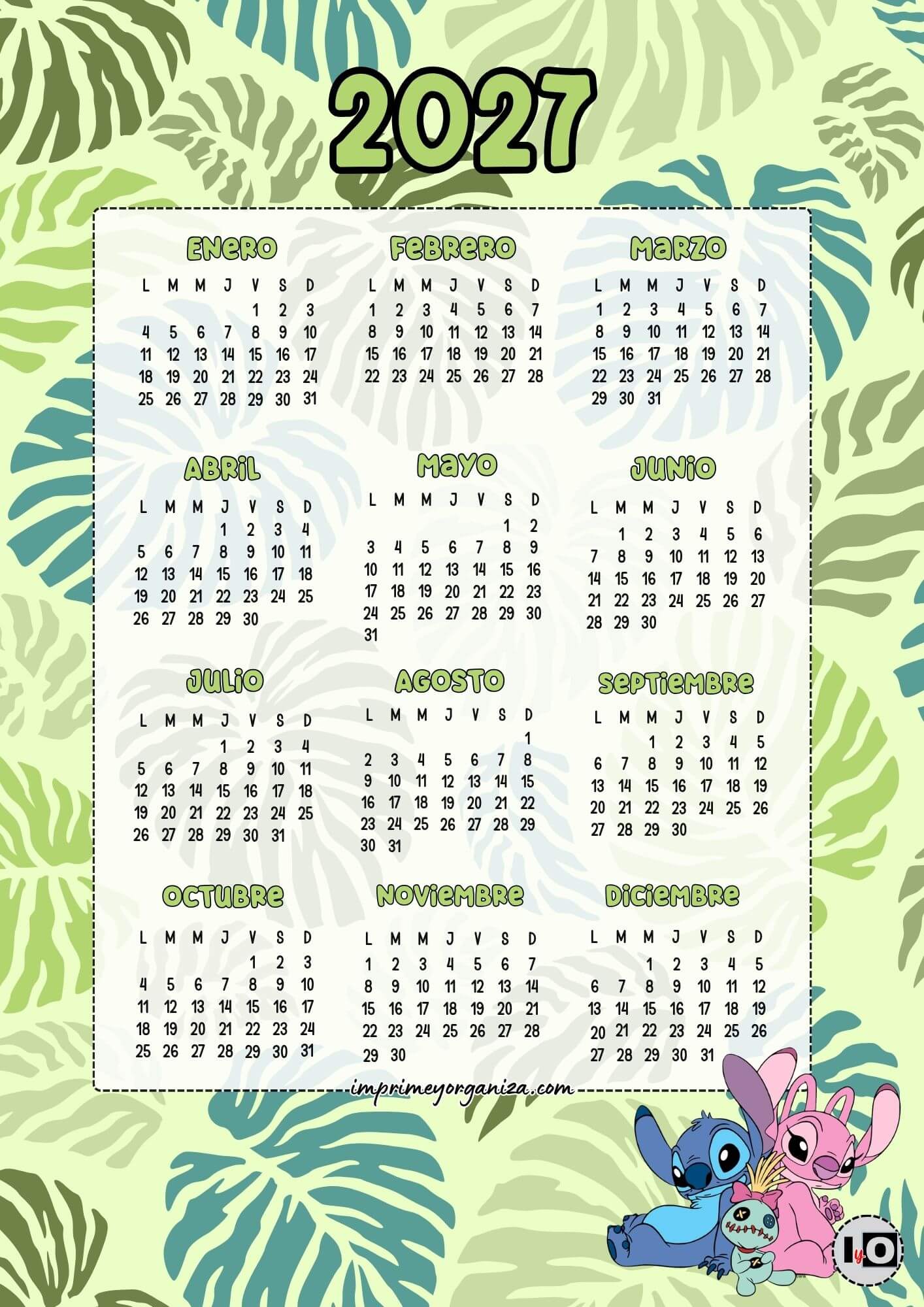 Calendario Anual 2027 Stitch, Ángela y Scrump