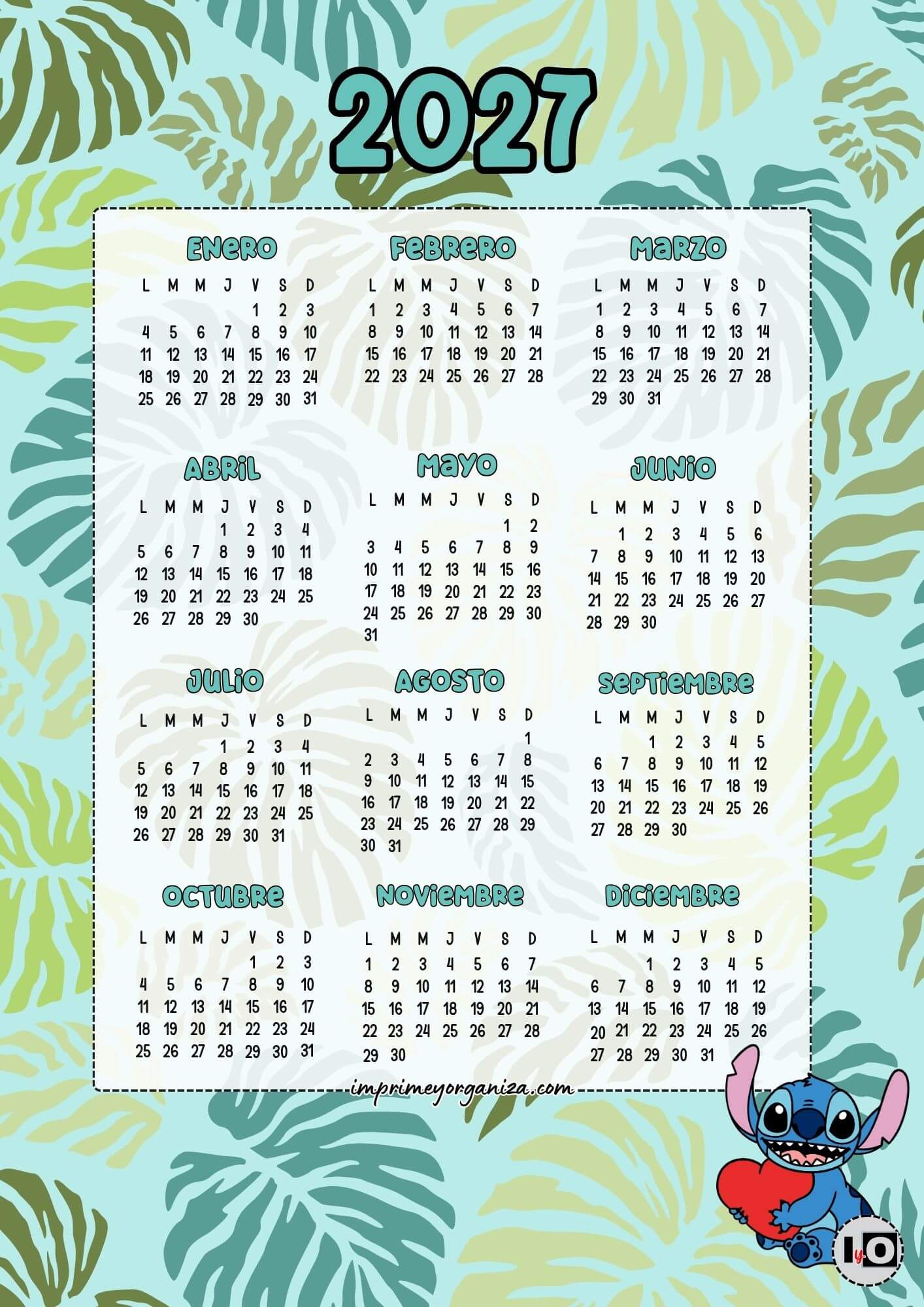 Calendario Anual 2027 Stitch Corazón