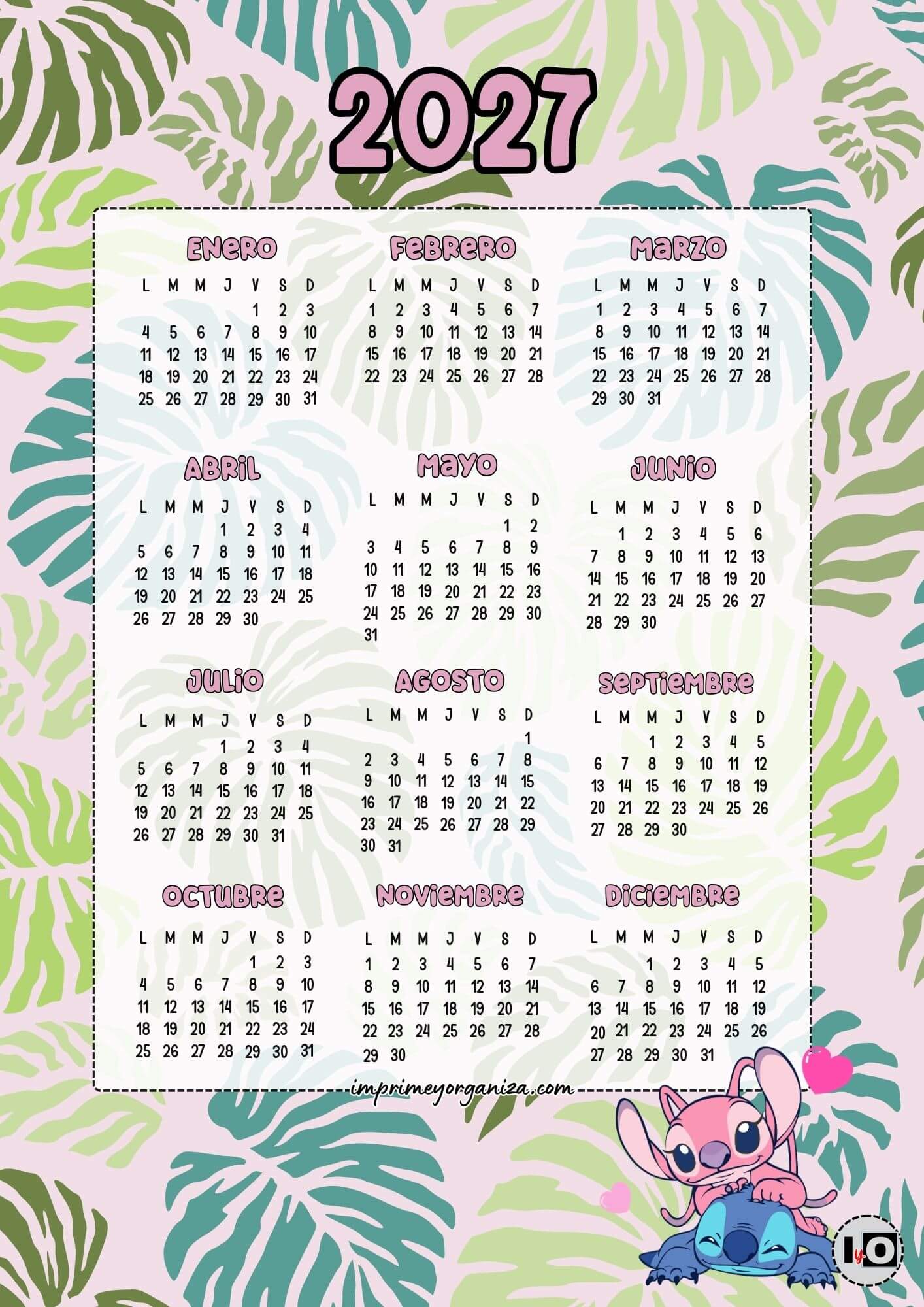 Calendario Anual 2027 Stitch y Ángela