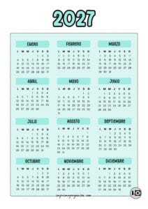 Calendario Anual 2027 Turquesa