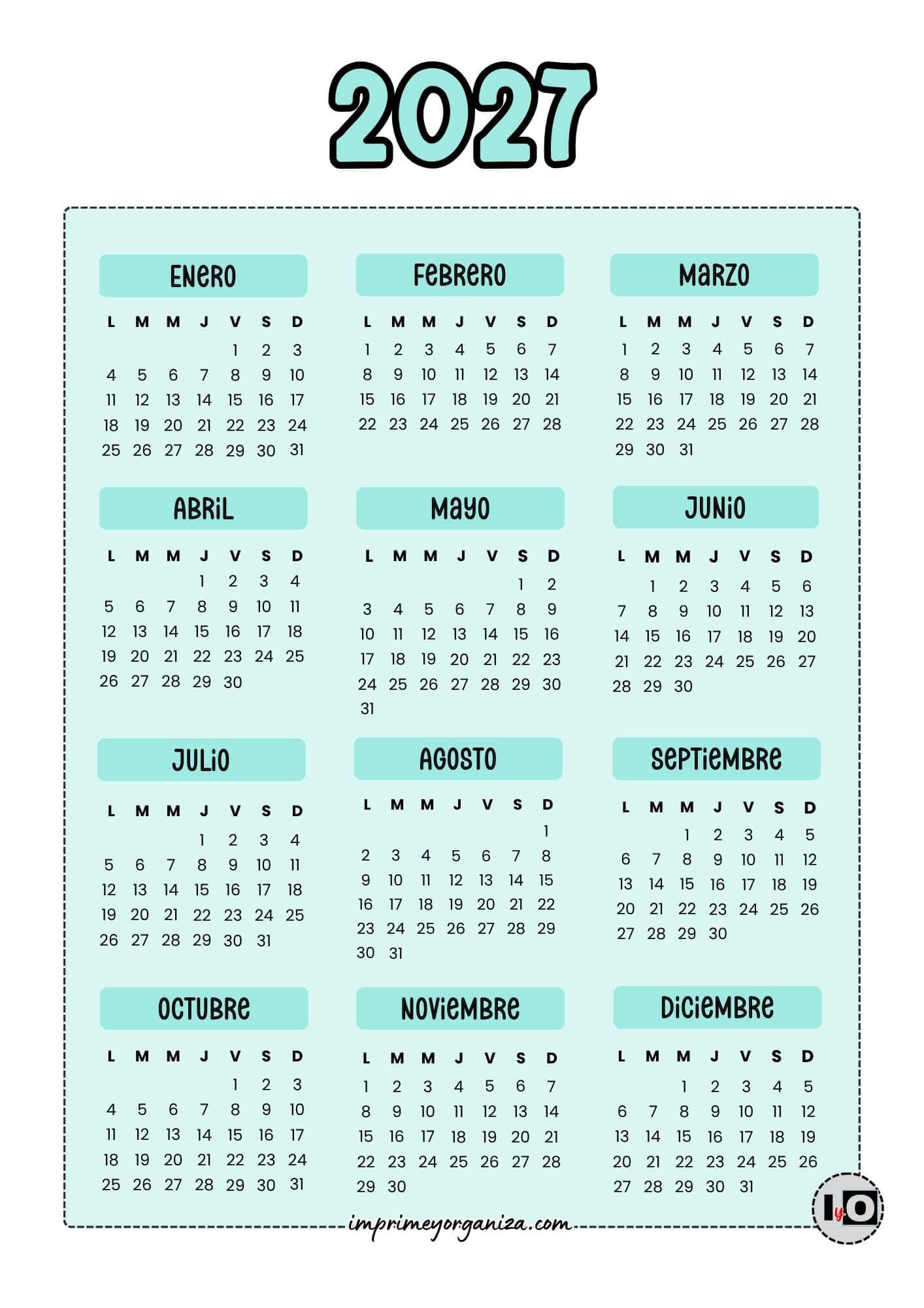 Calendario Anual 2027 Turquesa