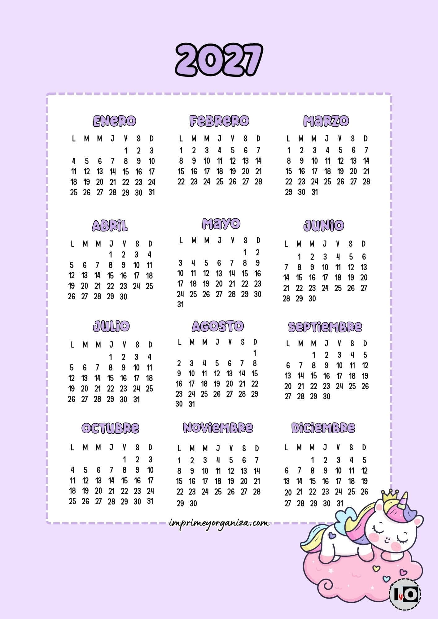 Calendario Anual 2027 Unicornio Cute