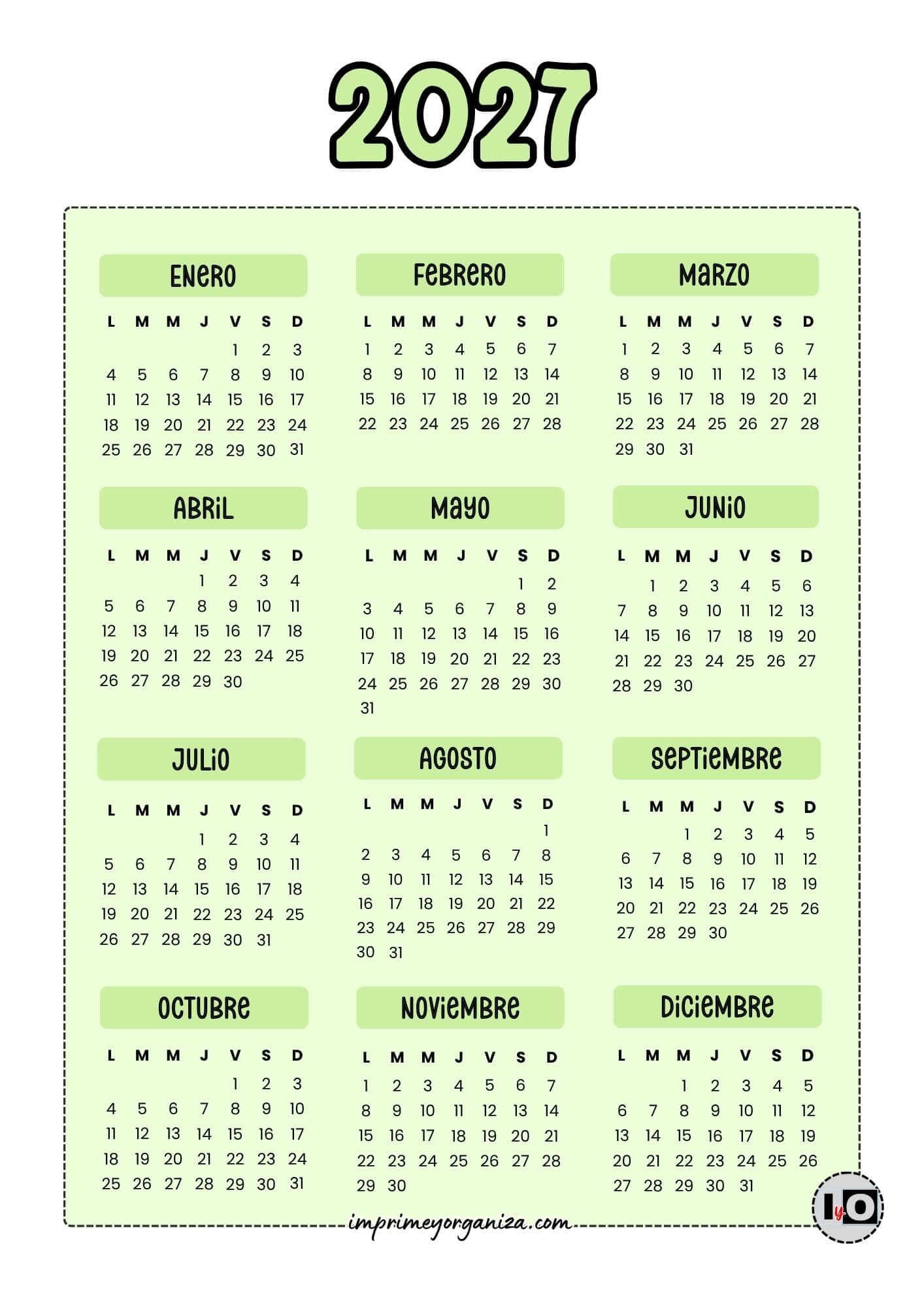 Calendario Anual 2027 Verde
