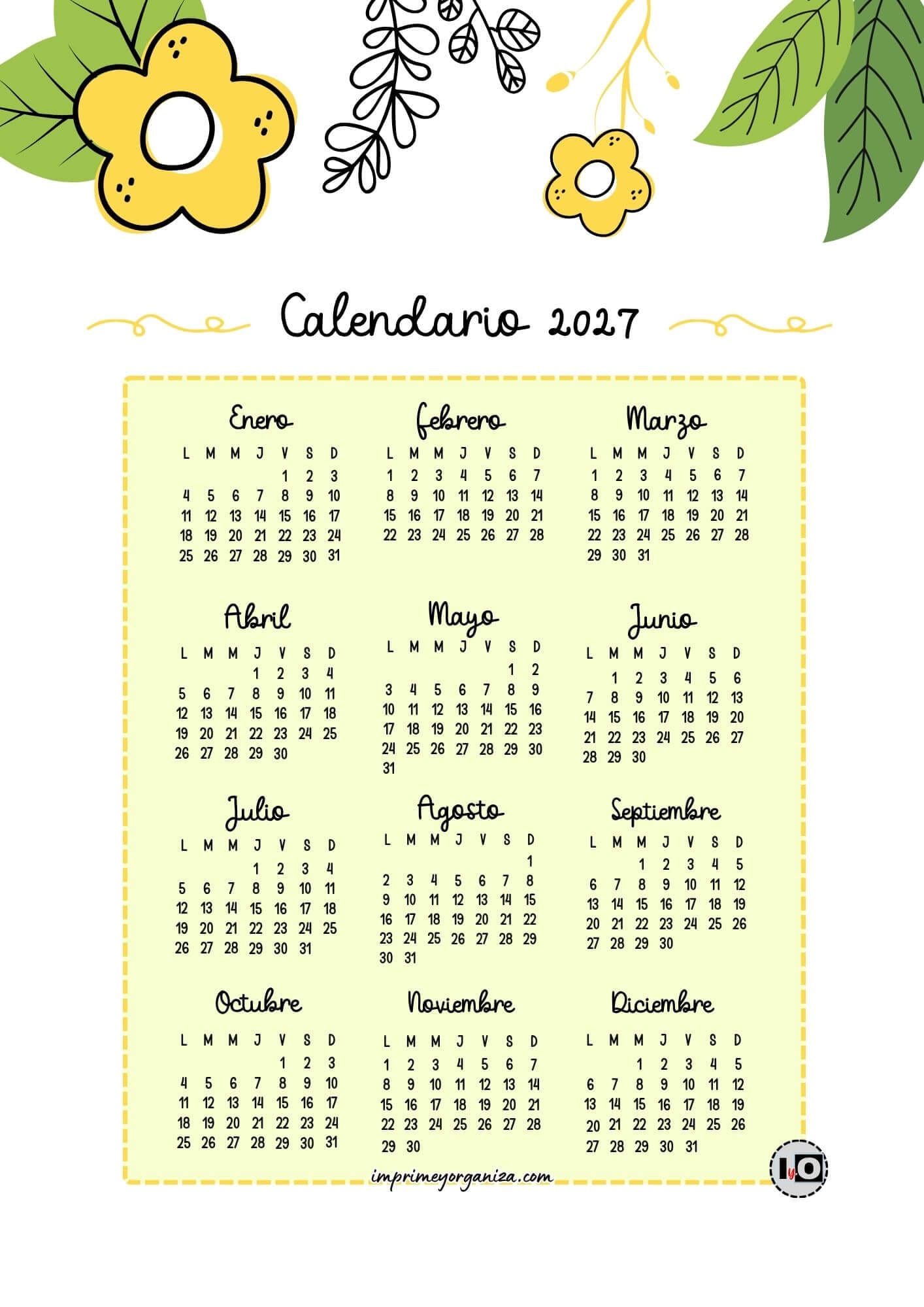 Calendario anual 2027 cute flowers amarillo