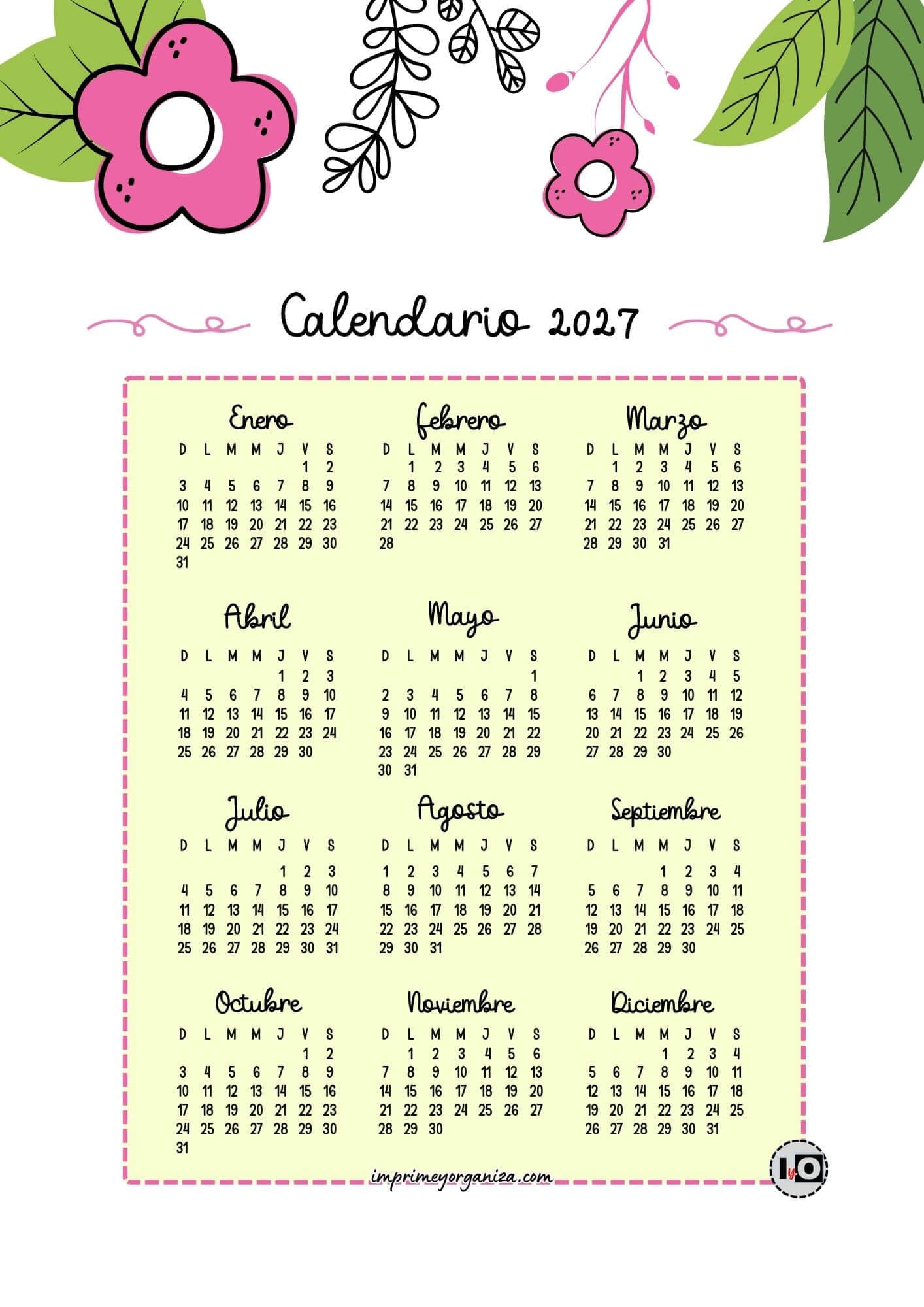 Calendario anual 2027 cute flowers fucsia inicio domingo