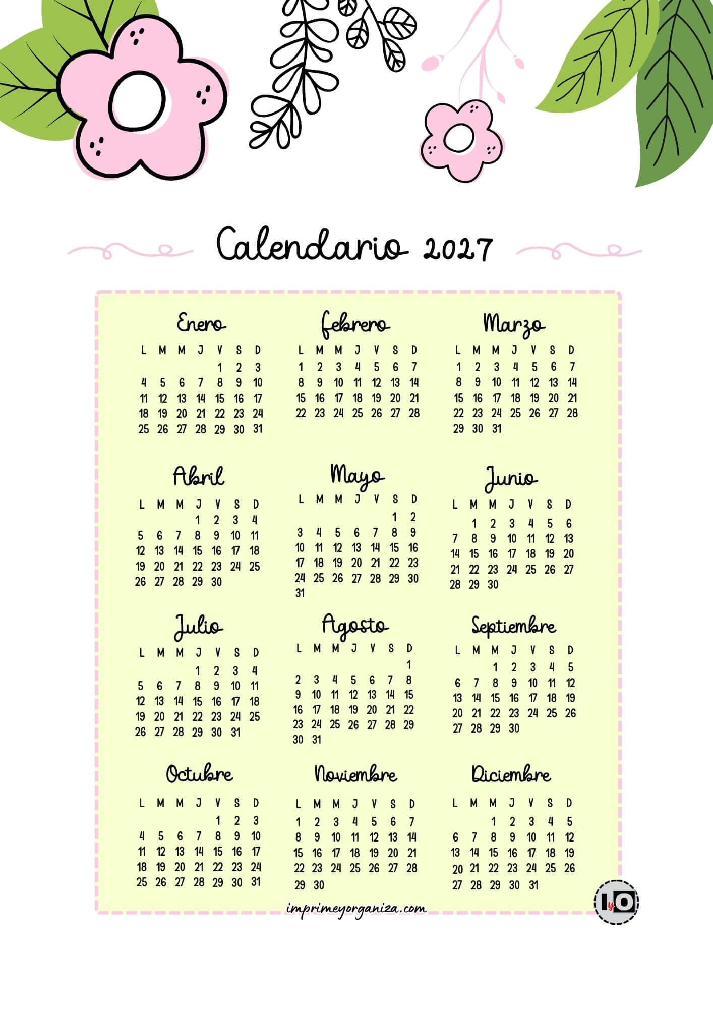 Calendario anual 2027 cute flowers pink