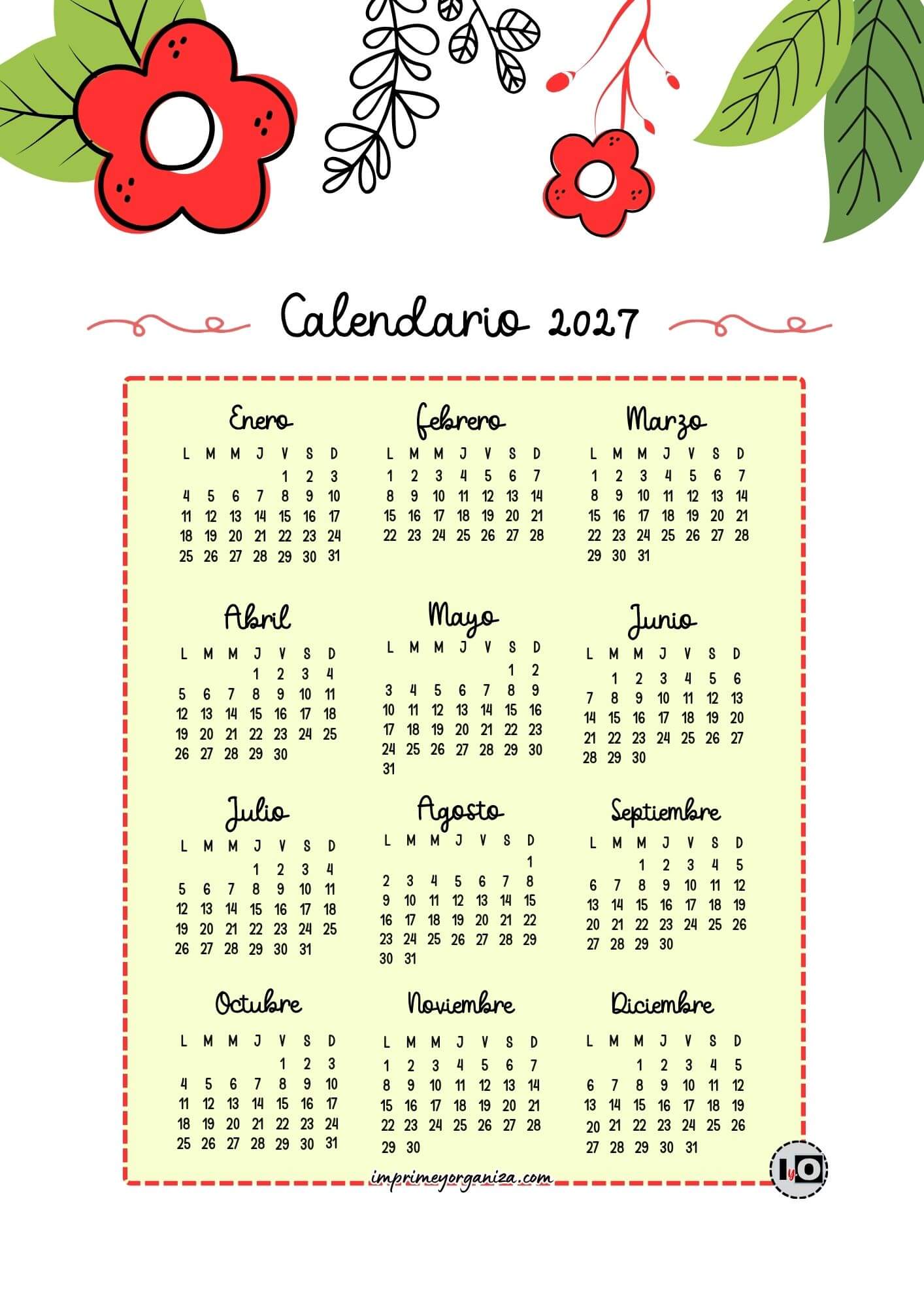 Calendario anual 2027 cute flowers rojo