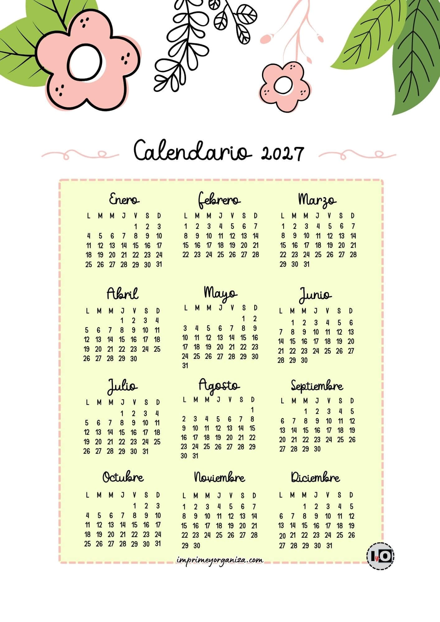 Calendario anual 2027 cute flowers rosa