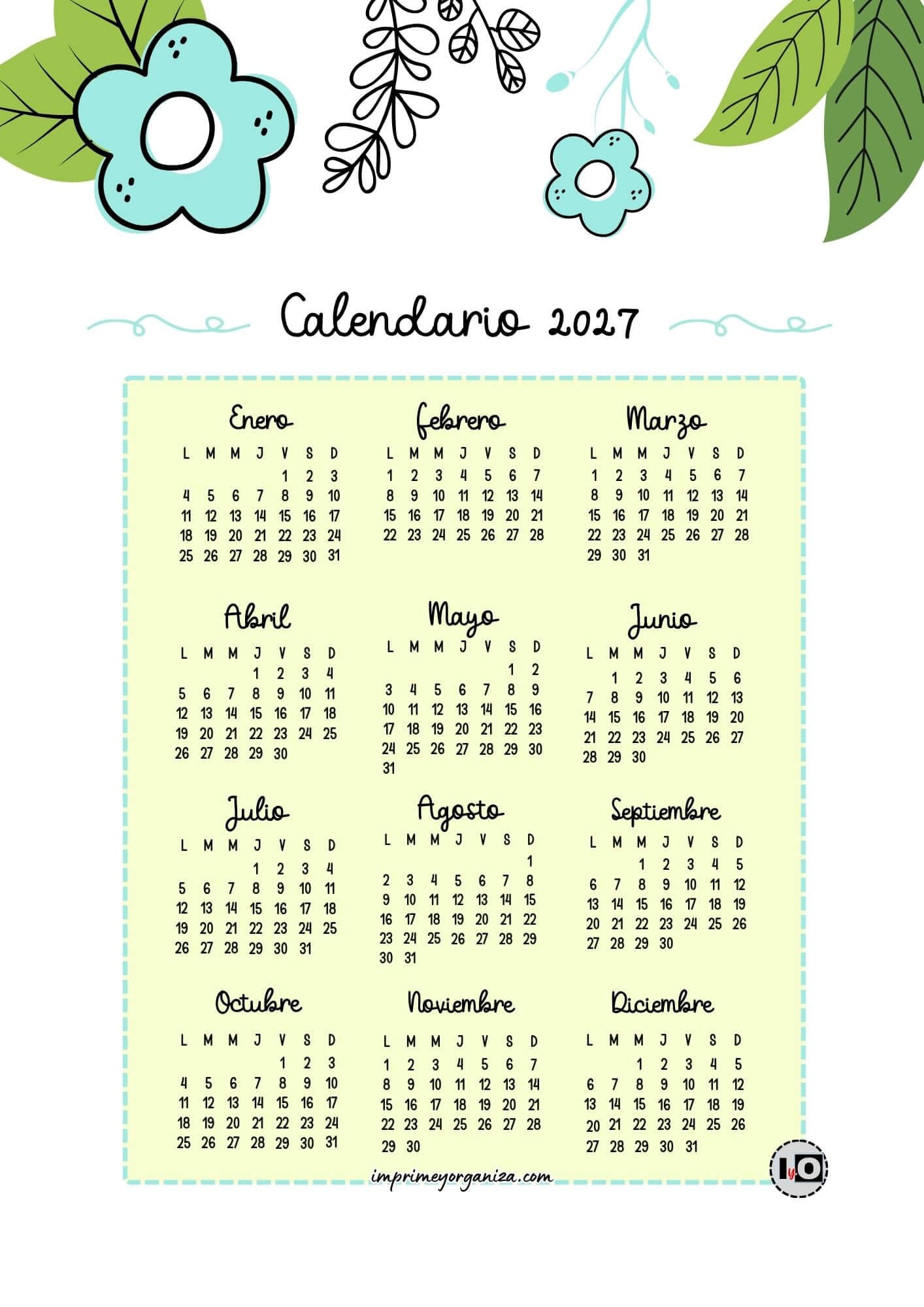 Calendario anual 2027 cute flowers turquesa