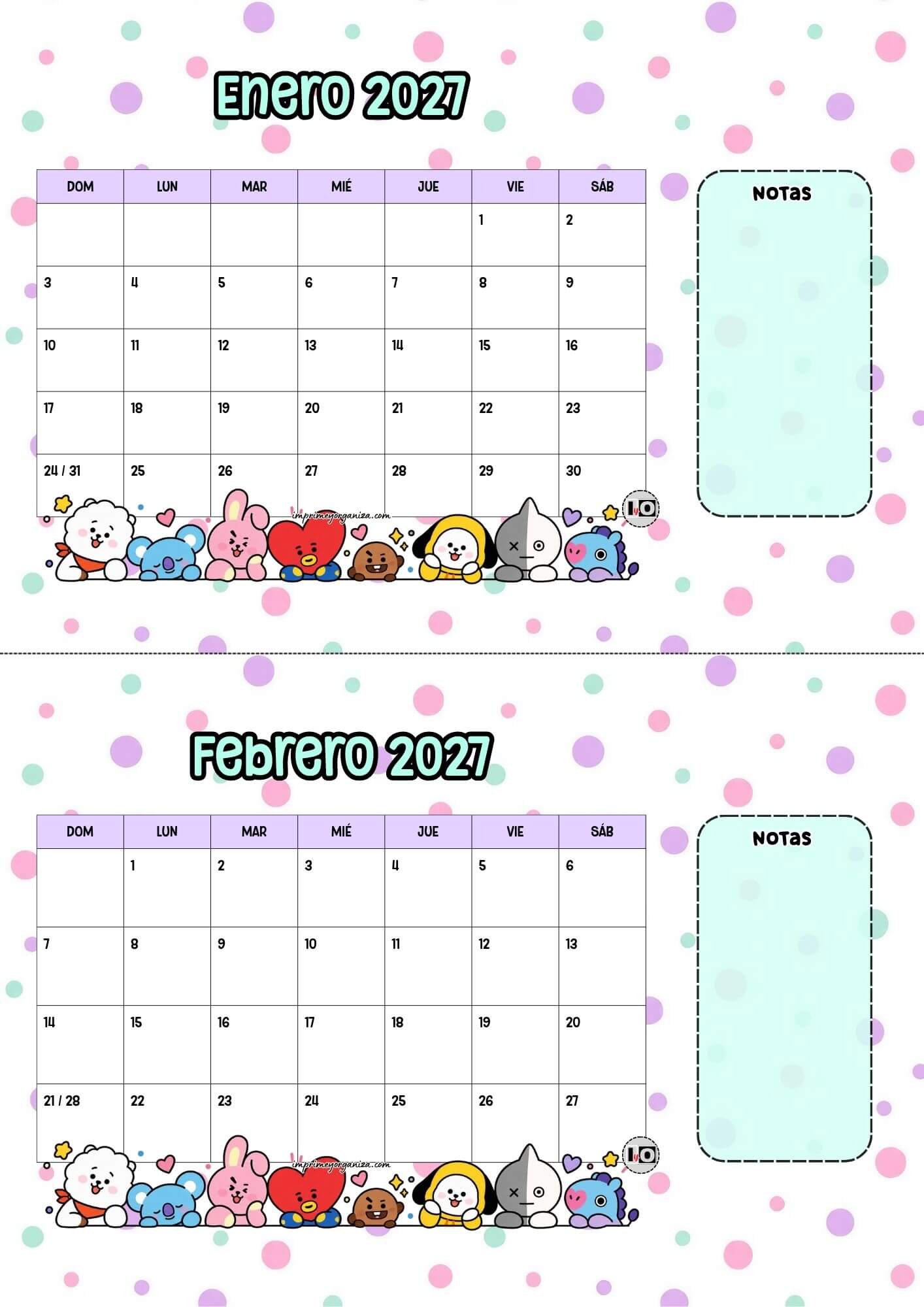 Calendario escritorio 2027 BT21 Inicio Domingo