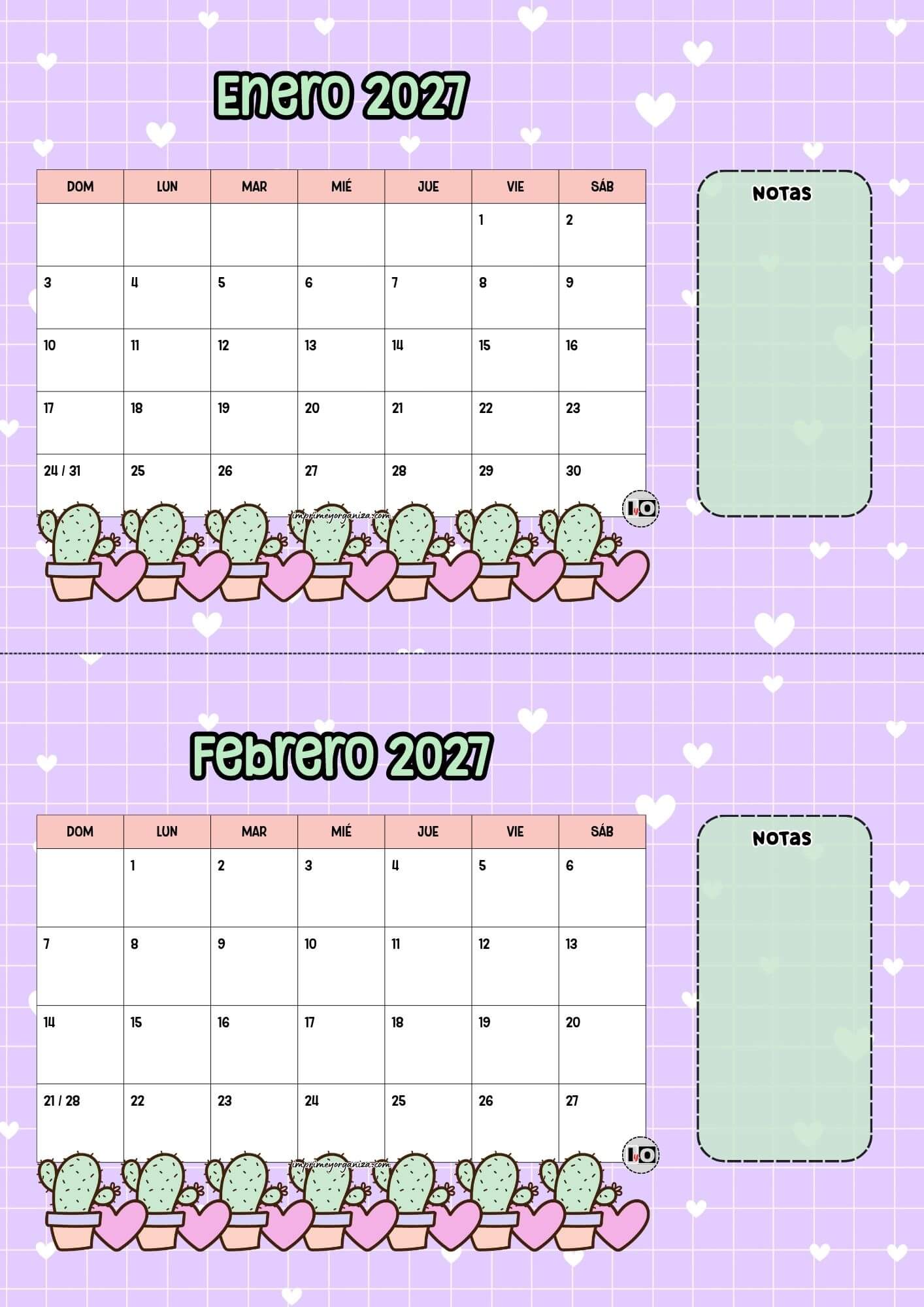 Calendario escritorio 2027 Cactus Inicio Domingo