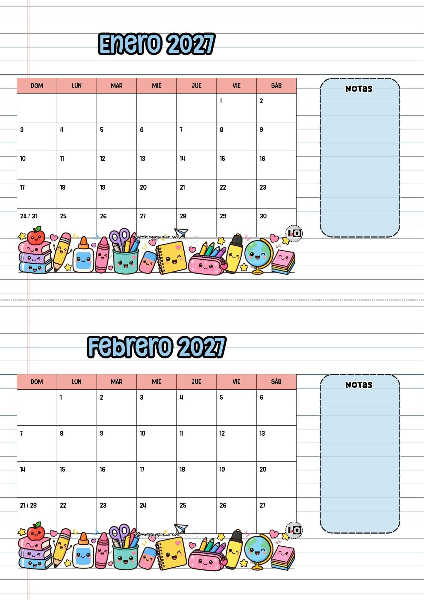 Calendario escritorio 2027 Escolar Inicio Domingo