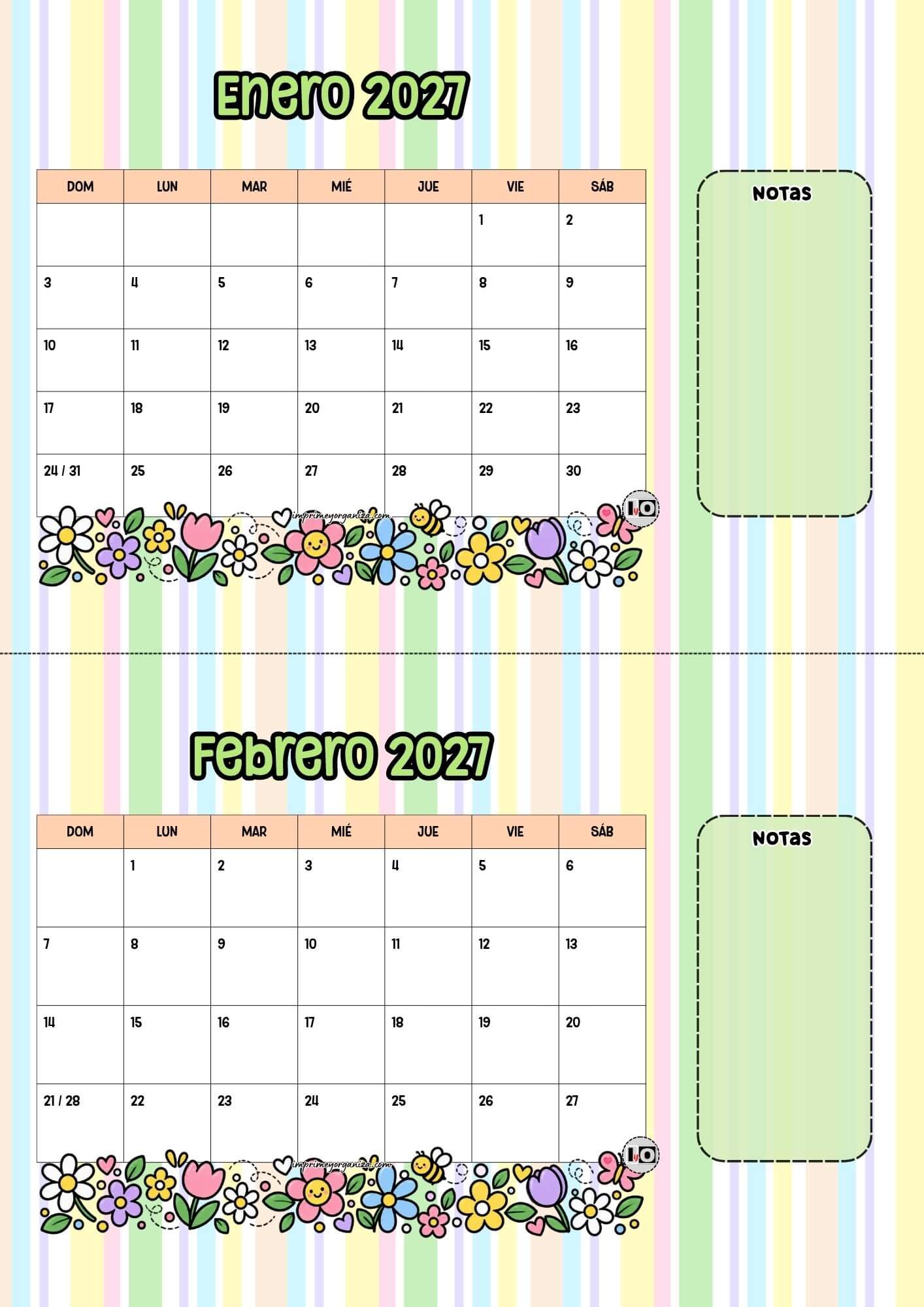Calendario escritorio 2027 Florecillas Inicio Domingo