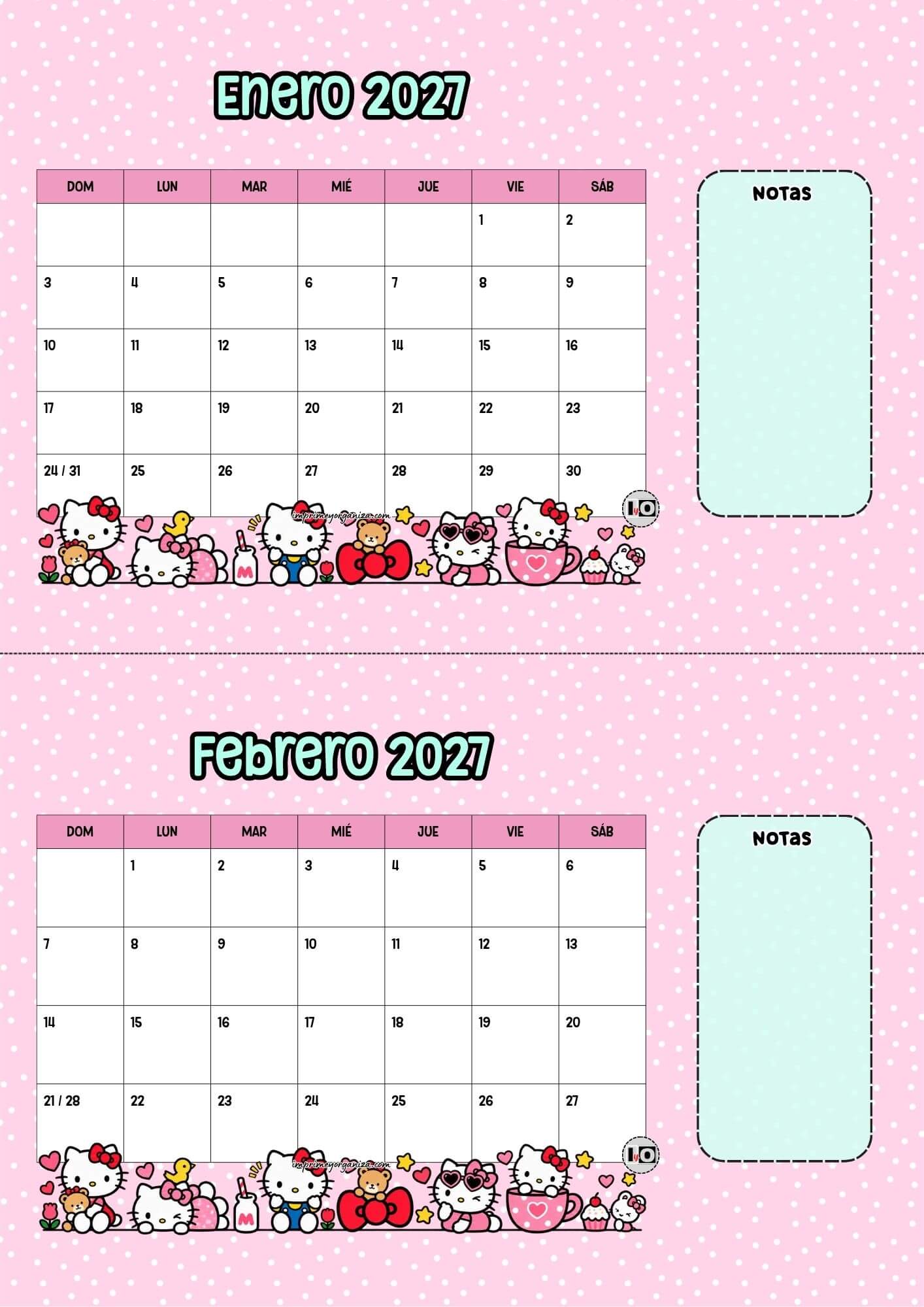 Calendario escritorio 2027 Hello Kitty Inicio Domingo