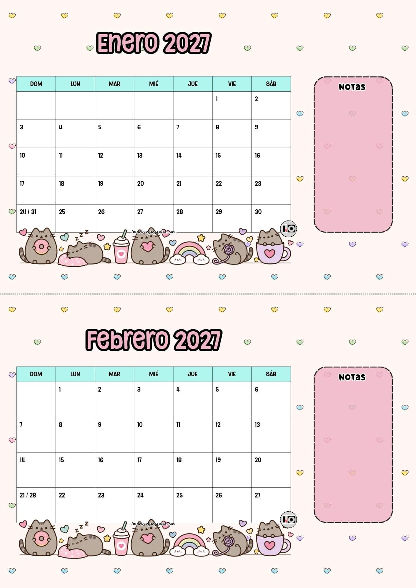 Calendario escritorio 2027 Pusheen Inicio Domingo