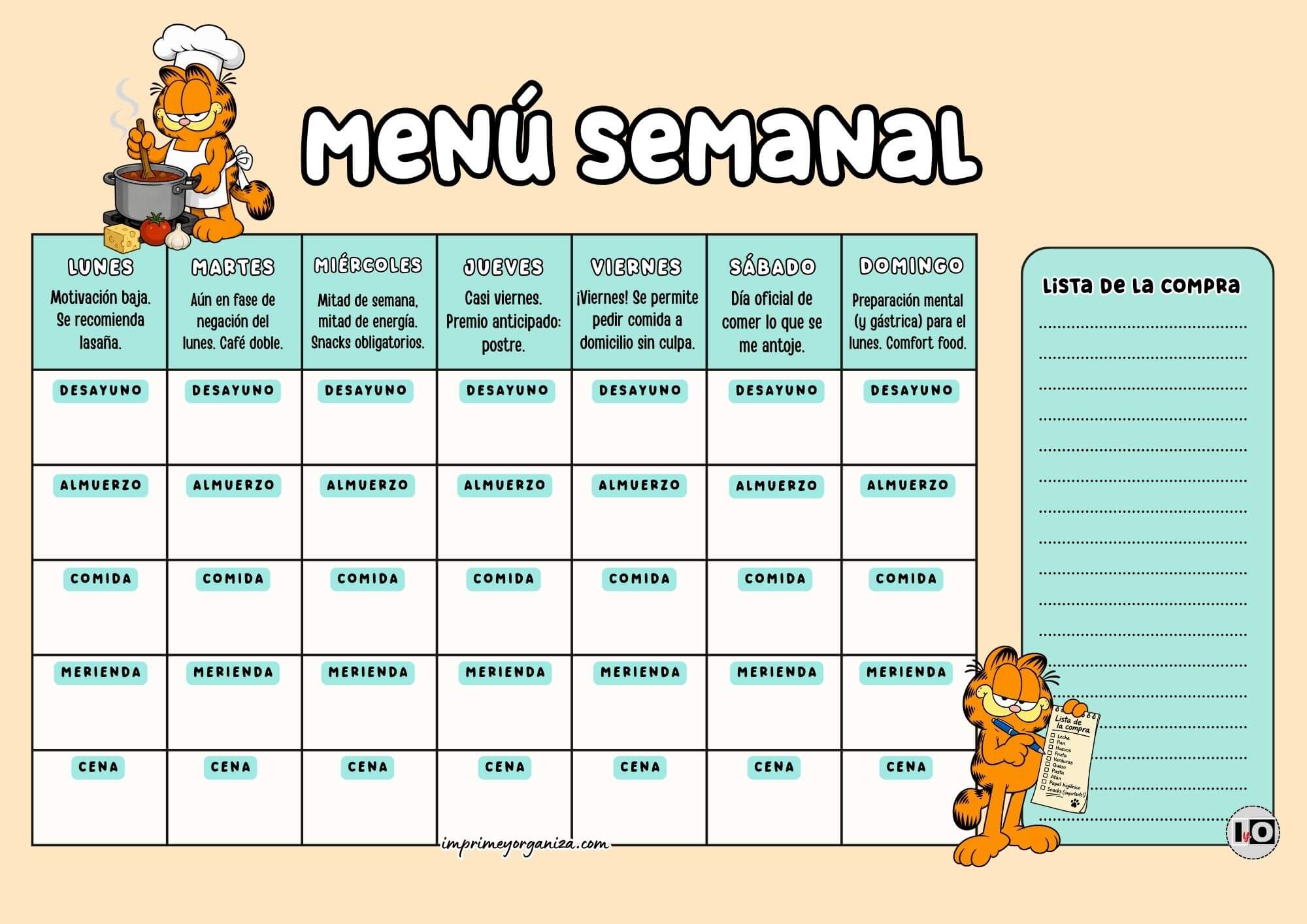 Menú 5 comidas con Garfield