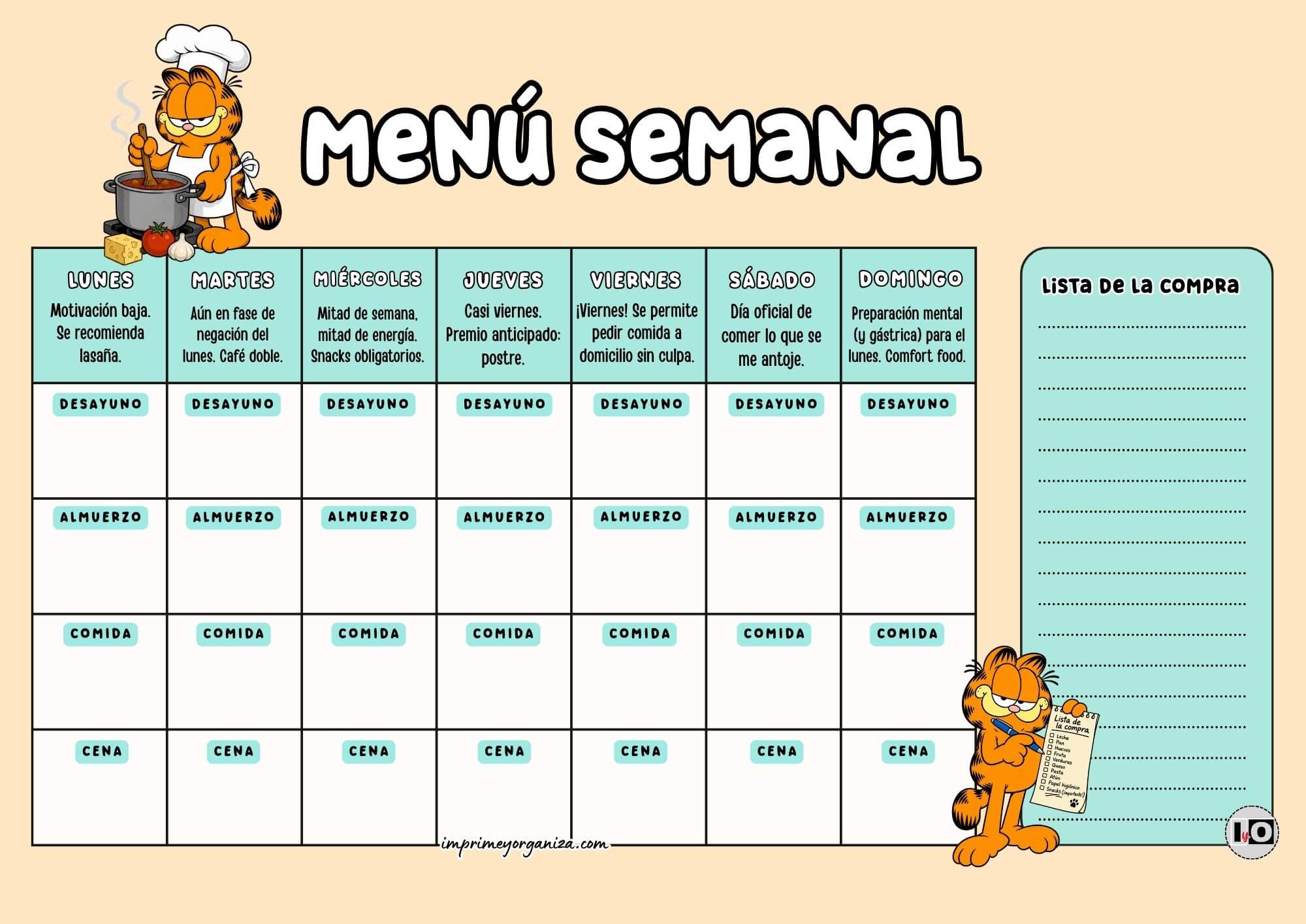 Menús 4 comidas con almuerzo Garfield