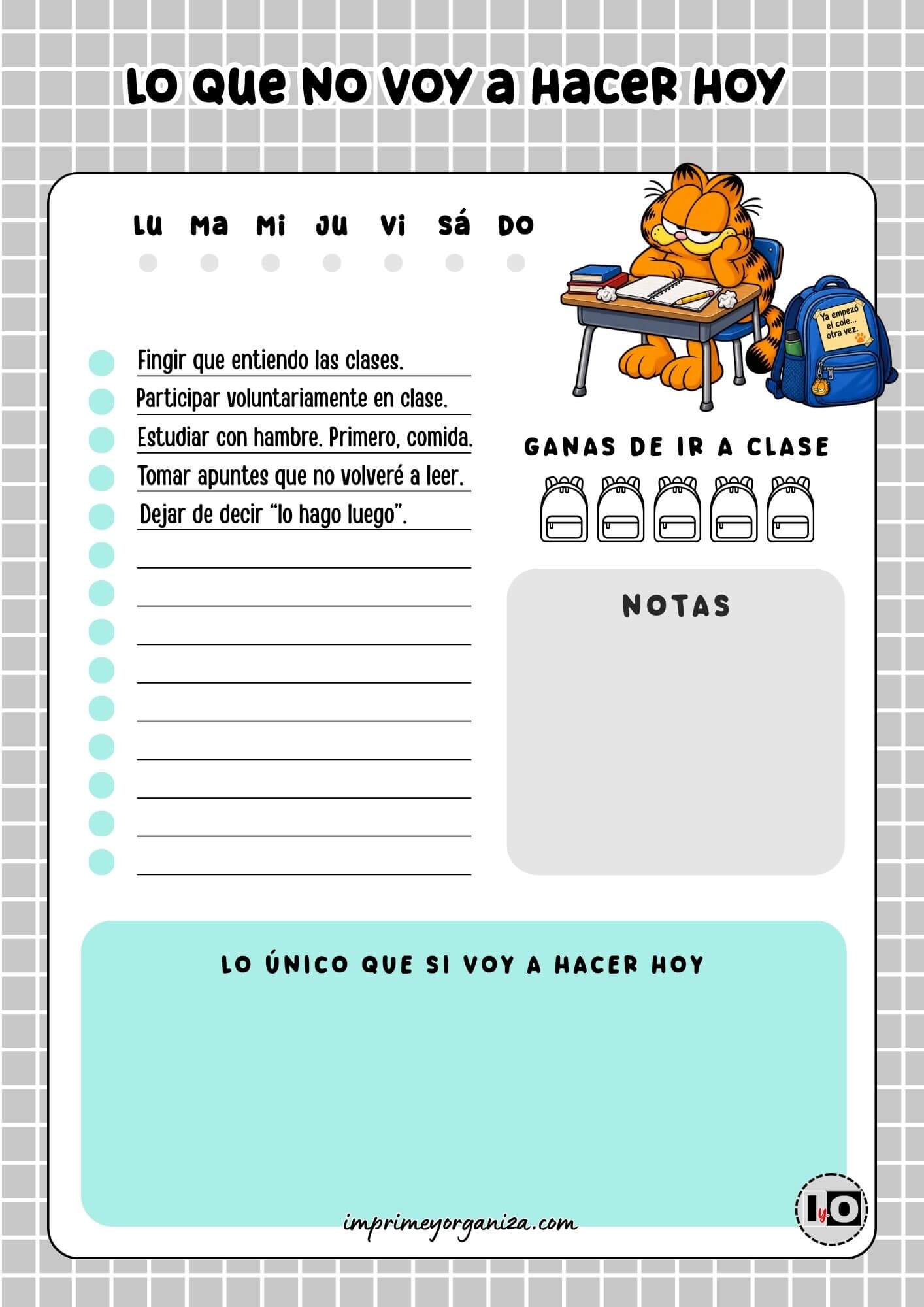Planificador Diario Garfield Pereza Estudiantes Gris